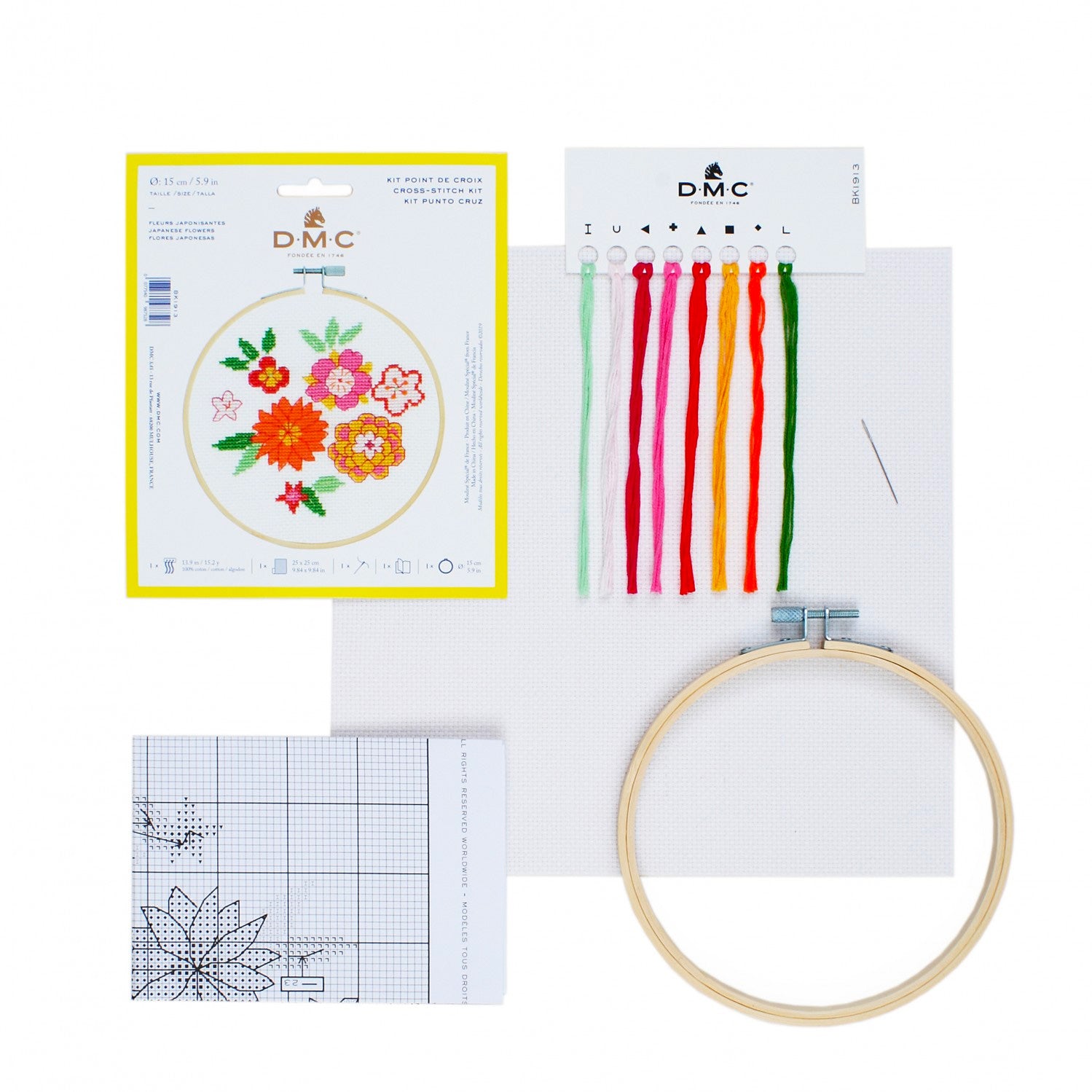 DMC Cross Stitch Kit - Japanese Flowers Embroidery Set for Beginners | DIY Handmade Home Decor, Wall Art & Gift Idea