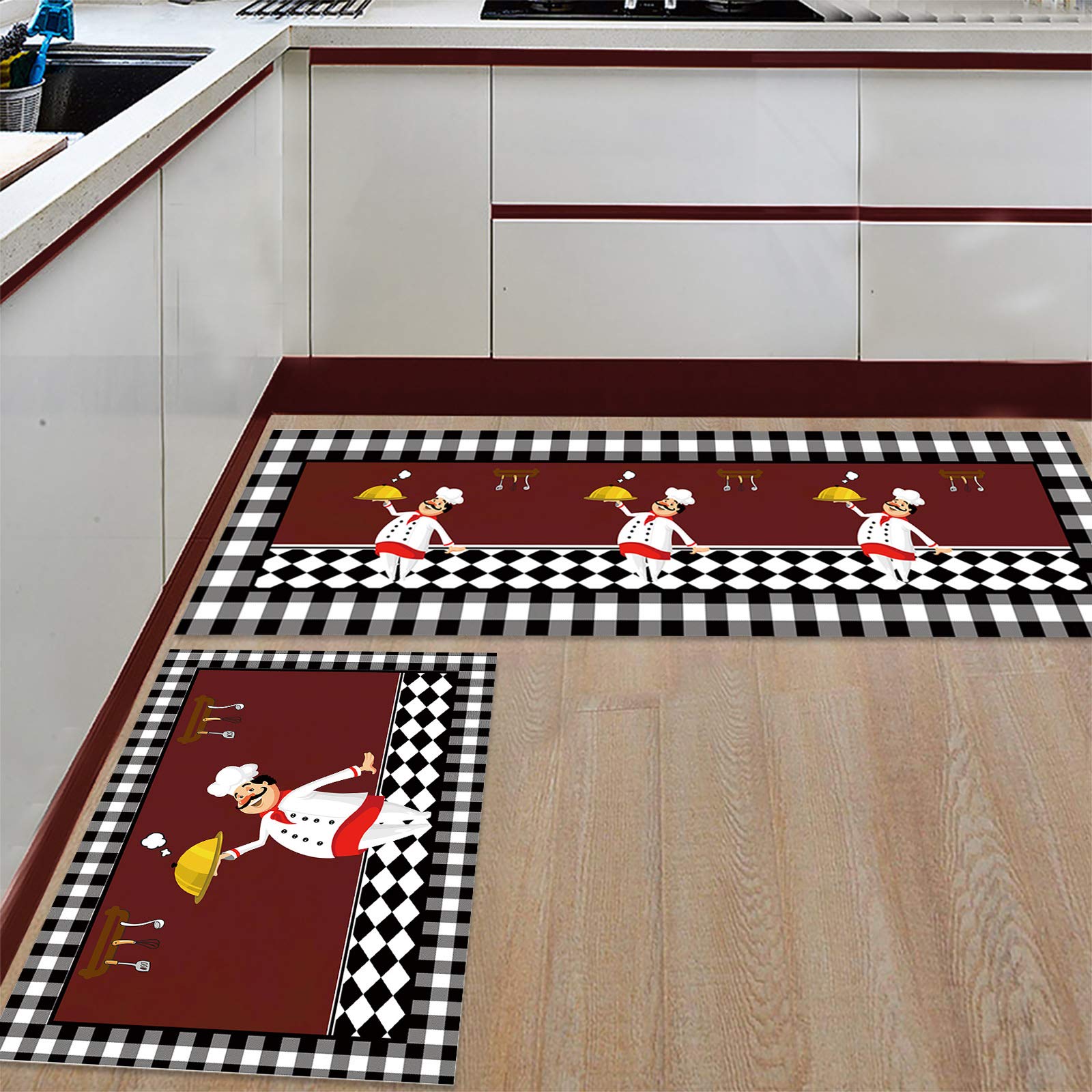 Premium 2-Piece Non-Slip Kitchen Rug Set - Black & White Lattice Design with Chef Utensil Pattern - Thick Comfort Mats for Cooking, Baking & Food Prep - Includes Runner for Indoor Kitchen Floor Protection