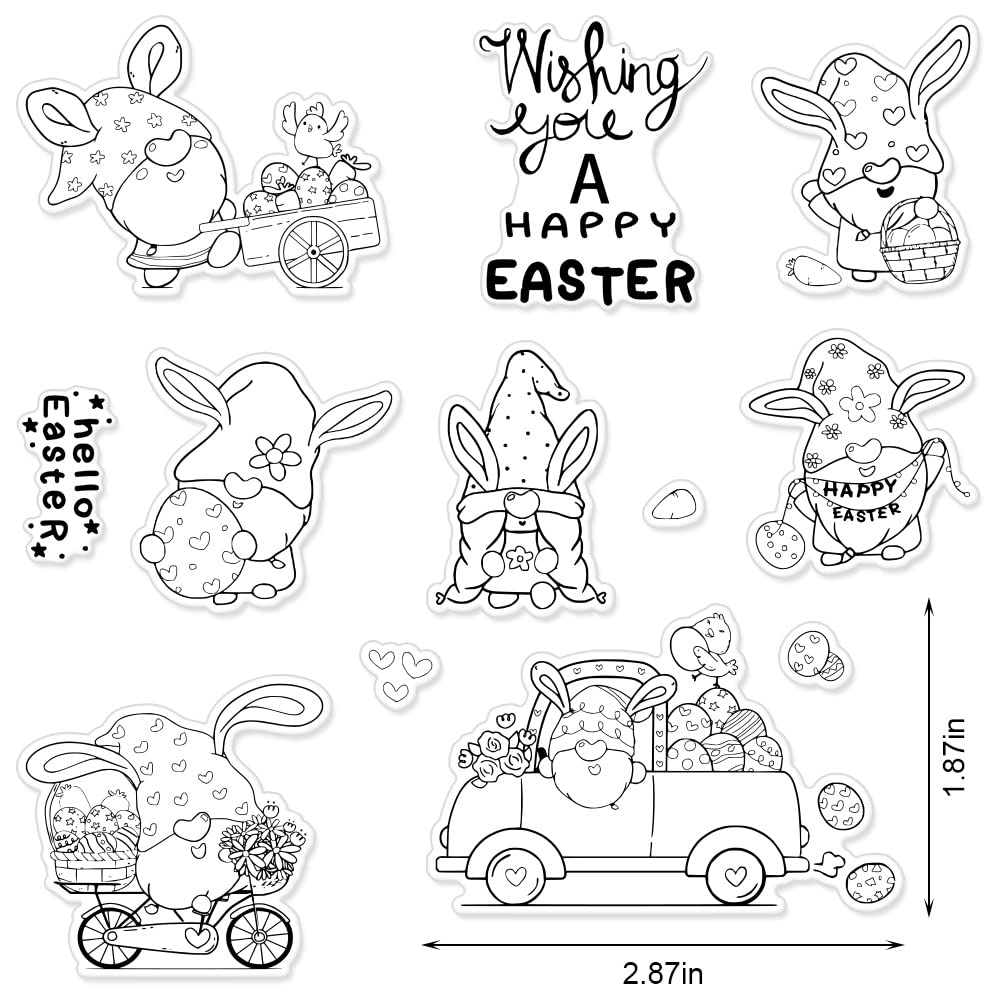 Easter Gnomes Clear Stamps and Dies Set - Happy Easter Words Rubber Stamps, Cute Gnome & Bunny Rabbit Die Cuts for Card Making, Scrapbooking, Journaling - Perfect for DIY Easter Greeting Cards, Craft Projects, and Holiday Decorations