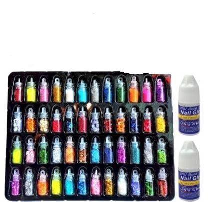 Catiblue 48 Bottles Nail Art Glitter Set with 2pc Glue - Multicolor Sparkle for DIY Manicure, Nail Salon & Party Makeup