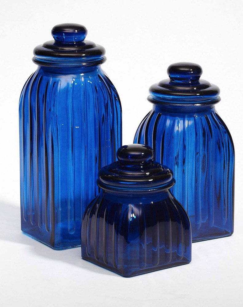 Premium Navy Blue Glass Canister Set of 3 - Airtight Food Storage Containers for Cereal, Grains & Dry Goods | Elegant Kitchen & Pantry Organization | Perfect for Baking Ingredients, Coffee Beans & Snack Storage