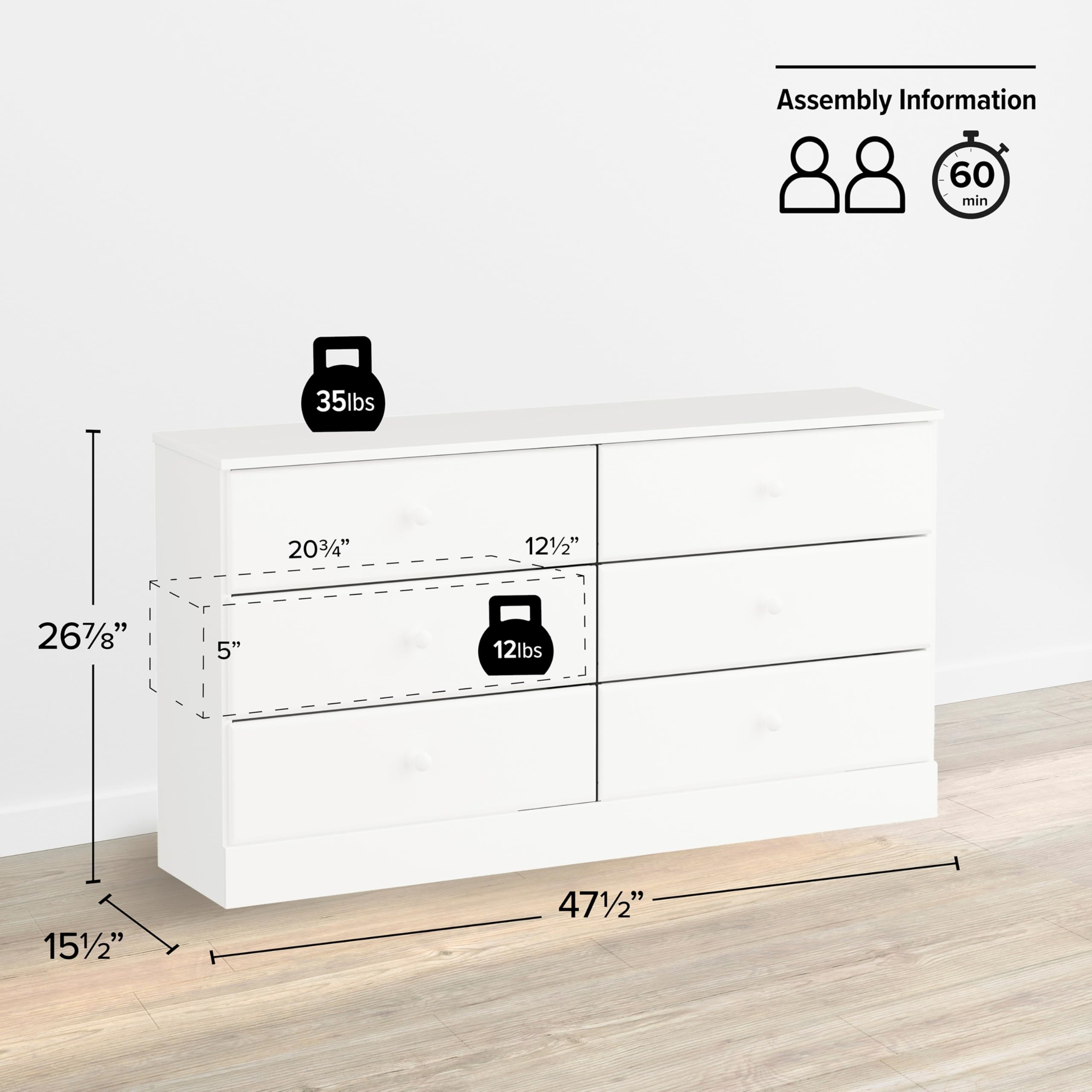 Prepac Astrid 6-Drawer Dresser in White - Modern Bedroom Storage Furniture for Clothes & Accessories Organization | Perfect for Home, Apartment & Dorm Room Decor