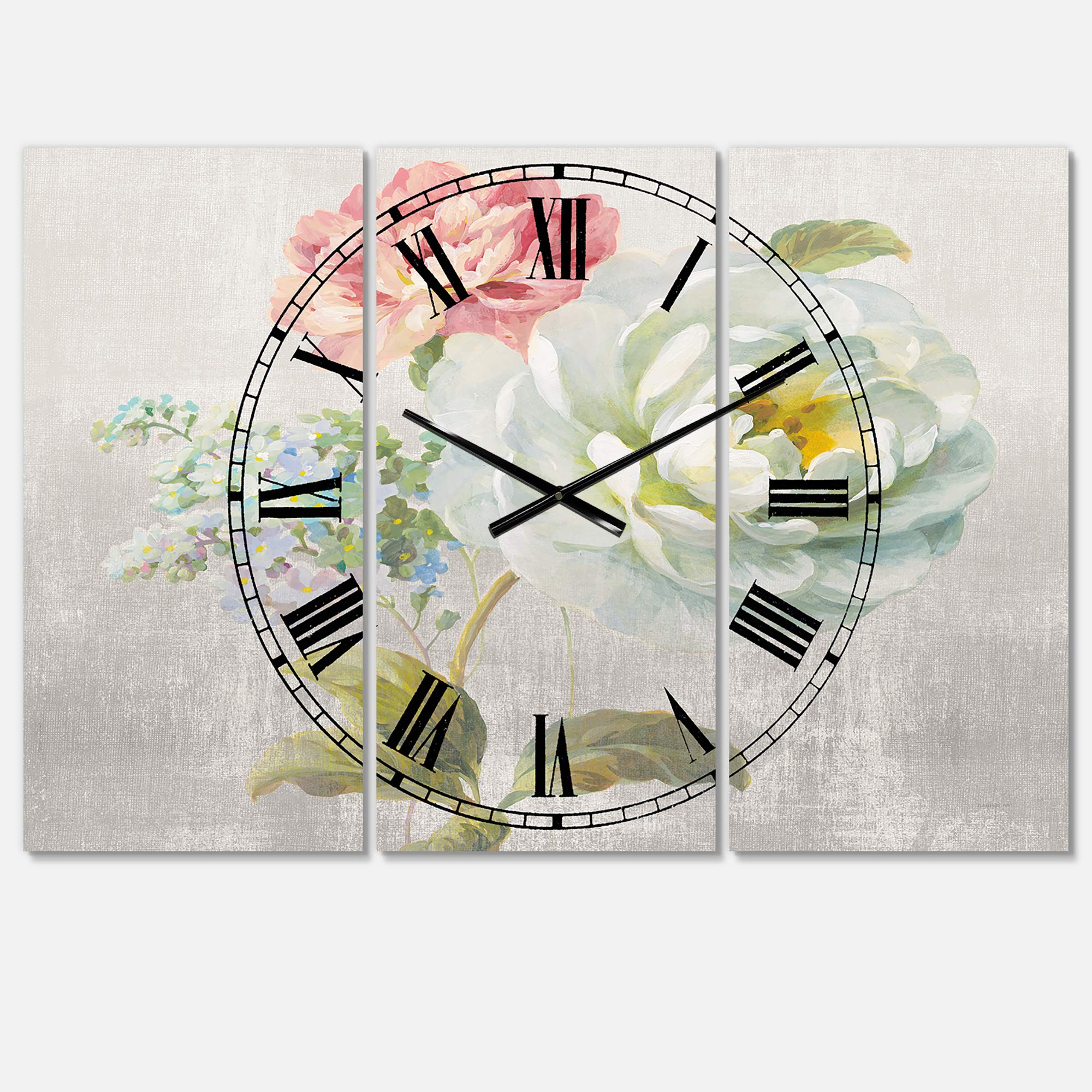 Designart Country Flower Bouquet 3-Panel Metal Wall Clock - Rustic Home Decor for Living Room, Bedroom & Office | Perfect for Farmhouse, Cottage & Lodge Style Interiors