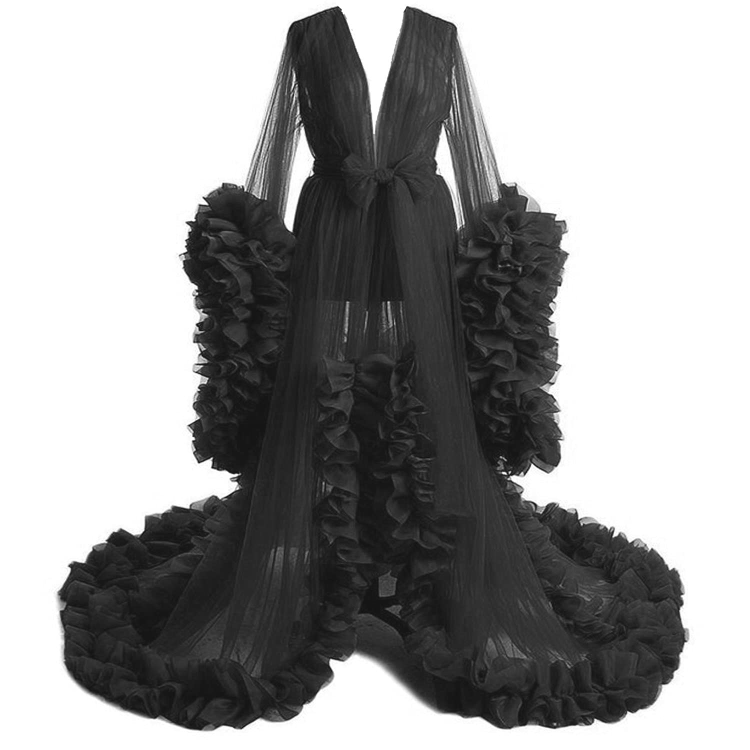 Elegant Tulle Robe for Bridal & Maternity - Long Open Front Lace Lingerie Nightgown with Ruffle Details | Perfect for Wedding, Boudoir Photoshoot & Pregnancy Photos | SZPD11