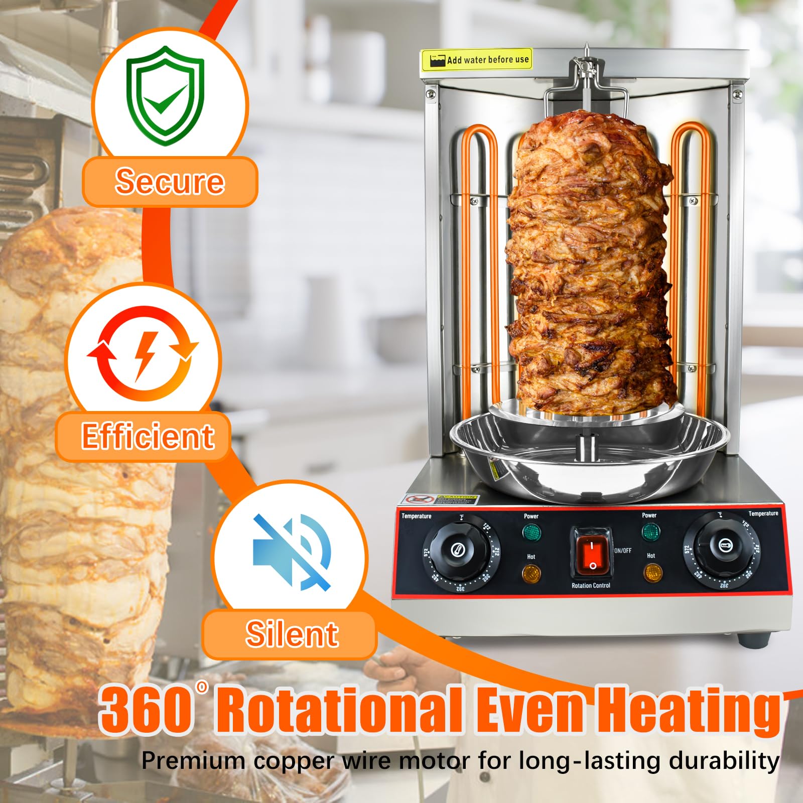YOOKTEN 3000W Commercial Electric Shawarma Grill Machine - Stainless Steel Vertical Rotisserie for Doner Kebab, Gyro & Chicken - Includes Meat Catch Pan (Silver) - Perfect for Restaurants, Food Trucks & Home Kitchens