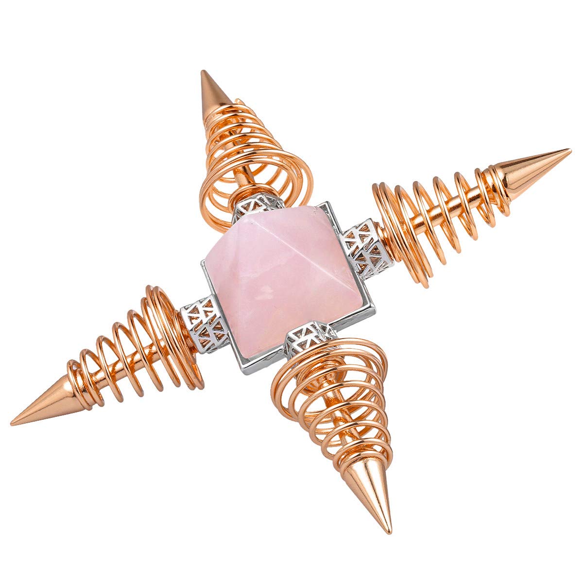 Rose Quartz Pyramid Healing Crystal Stone with 4 Spiral Copper Points - Energy Generator for Reiki Balancing, Meditation & Positive Vibes - Rose Gold Plated Decor for Home, Office & Spiritual Space