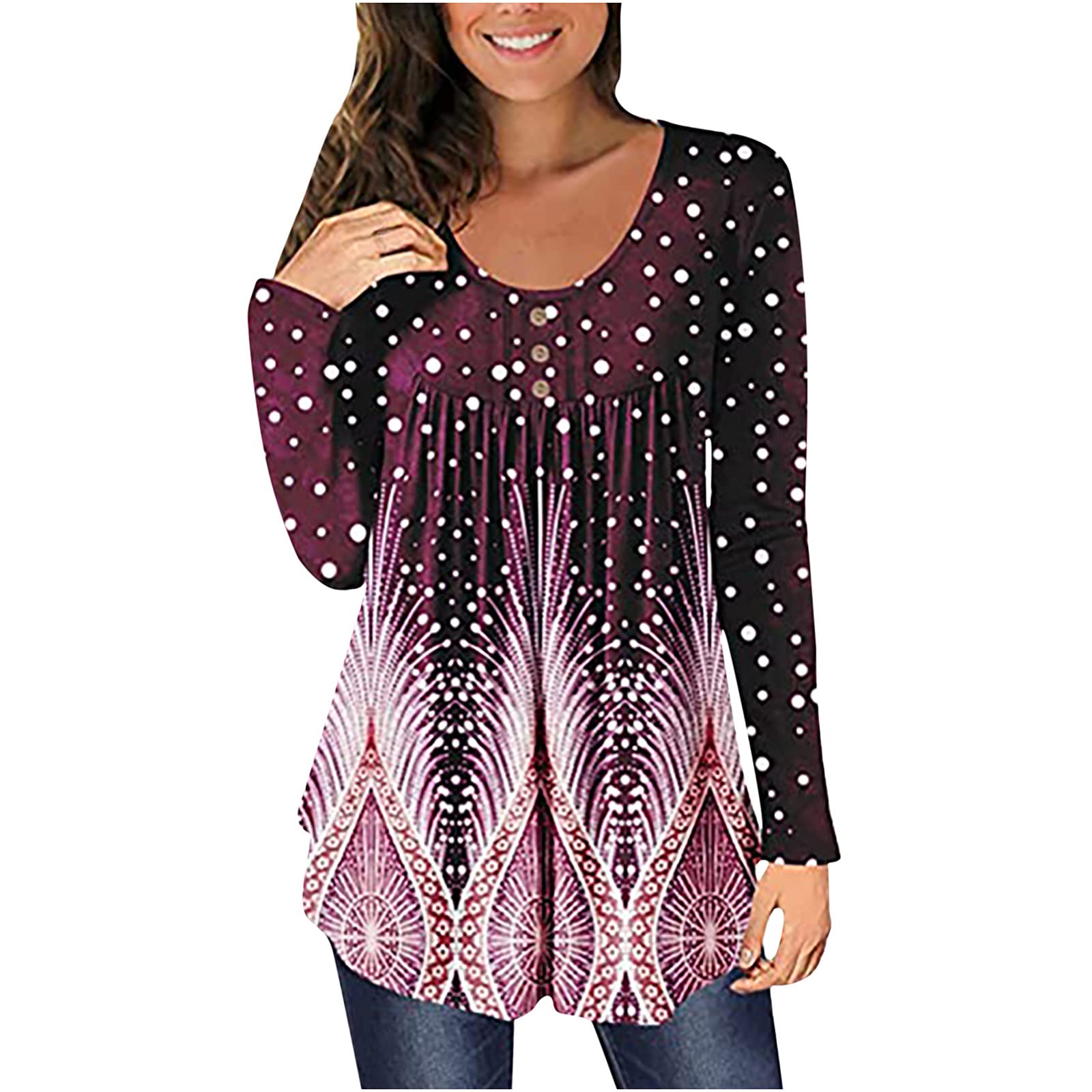 Trendy Women's Printed Long Sleeve Graphic T-Shirts - Casual Fall Blouses & Tops for Everyday Wear, Work, and Weekend Outfits