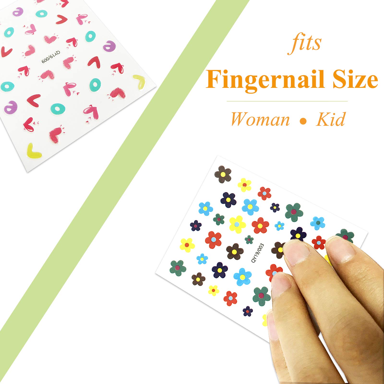 14 Sheets 3D Self-Adhesive Nail Stickers for Women & Girls - DIY Nail Art Decals with Hearts, Fruits, Flowers, Animals & Rainbow Designs | Perfect for Parties, Salons, Gifts & Home Manicures
