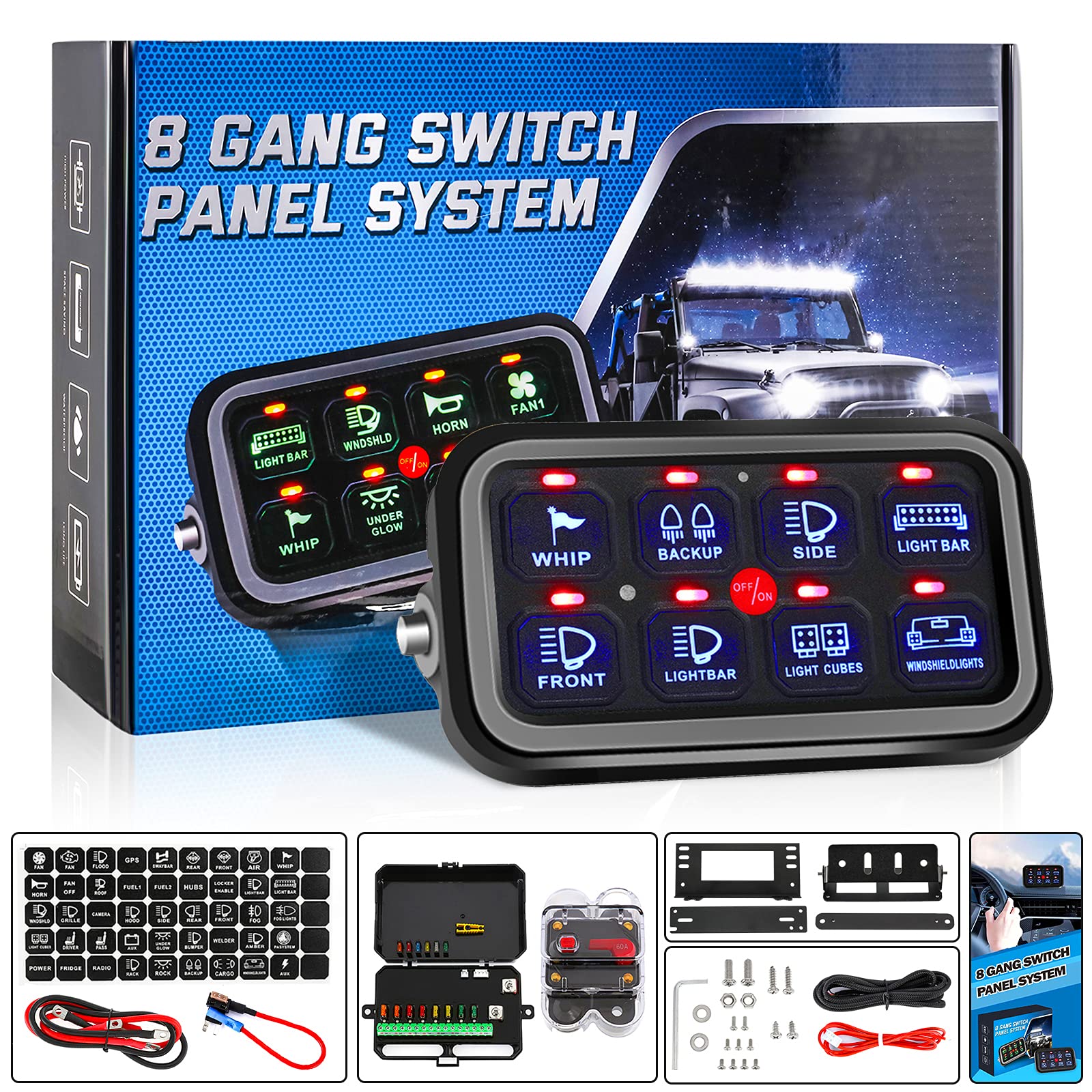 8 Gang LED Touch Control Switch Panel - Universal Dimmable Auxiliary Circuit Control Relay Box for Offroad Lights | Car, SUV, UTV, Truck & Marine Use | Perfect for Night Driving & Off-Road Adventures