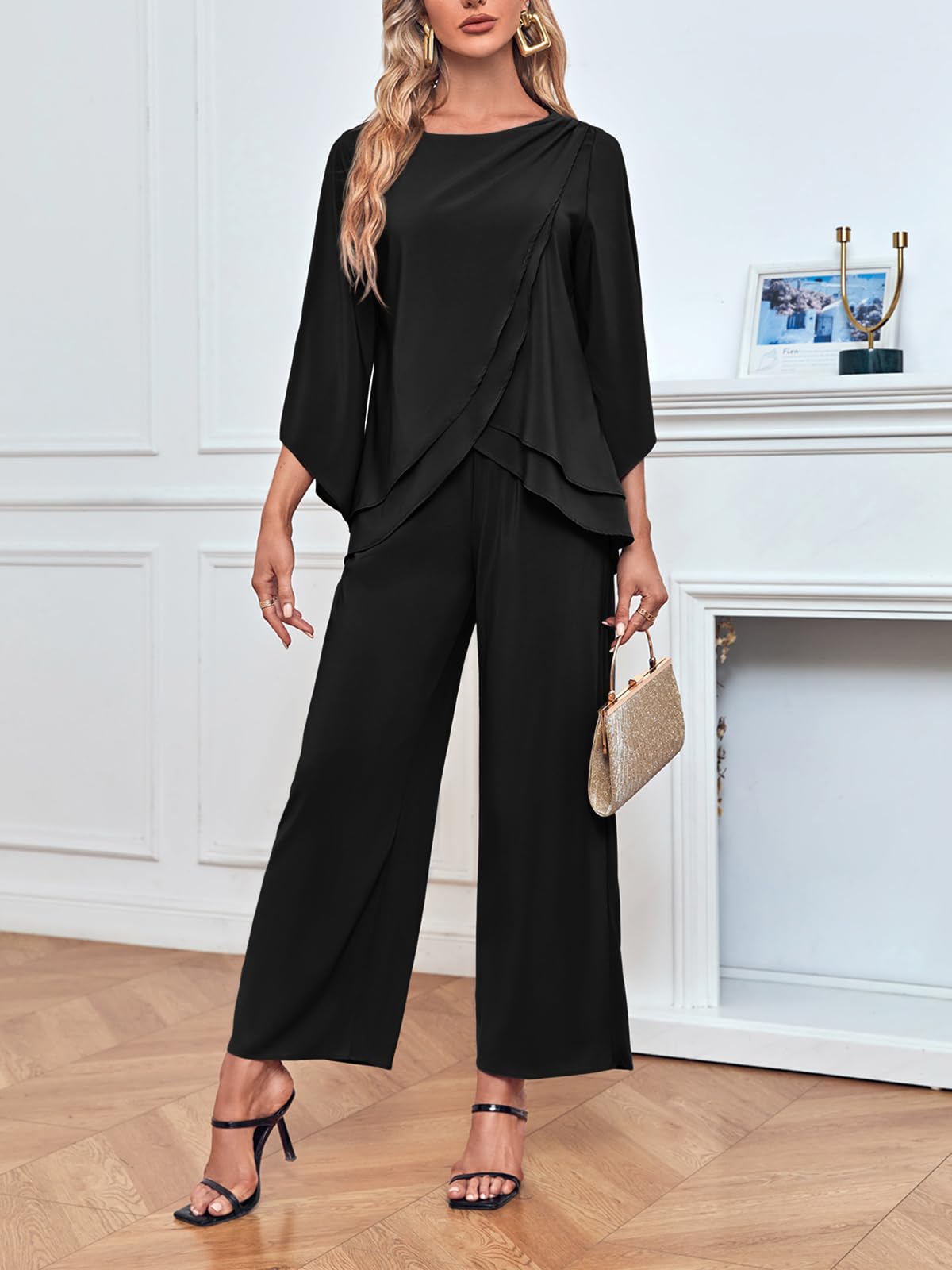 Zongqiven Women's 2-Piece Chiffon Pant Suit Set - Mother of the Bride Asymmetrical Hem Top & Pants for Wedding, Prom & Party Outfits | Elegant Formal Wear for Special Occasions