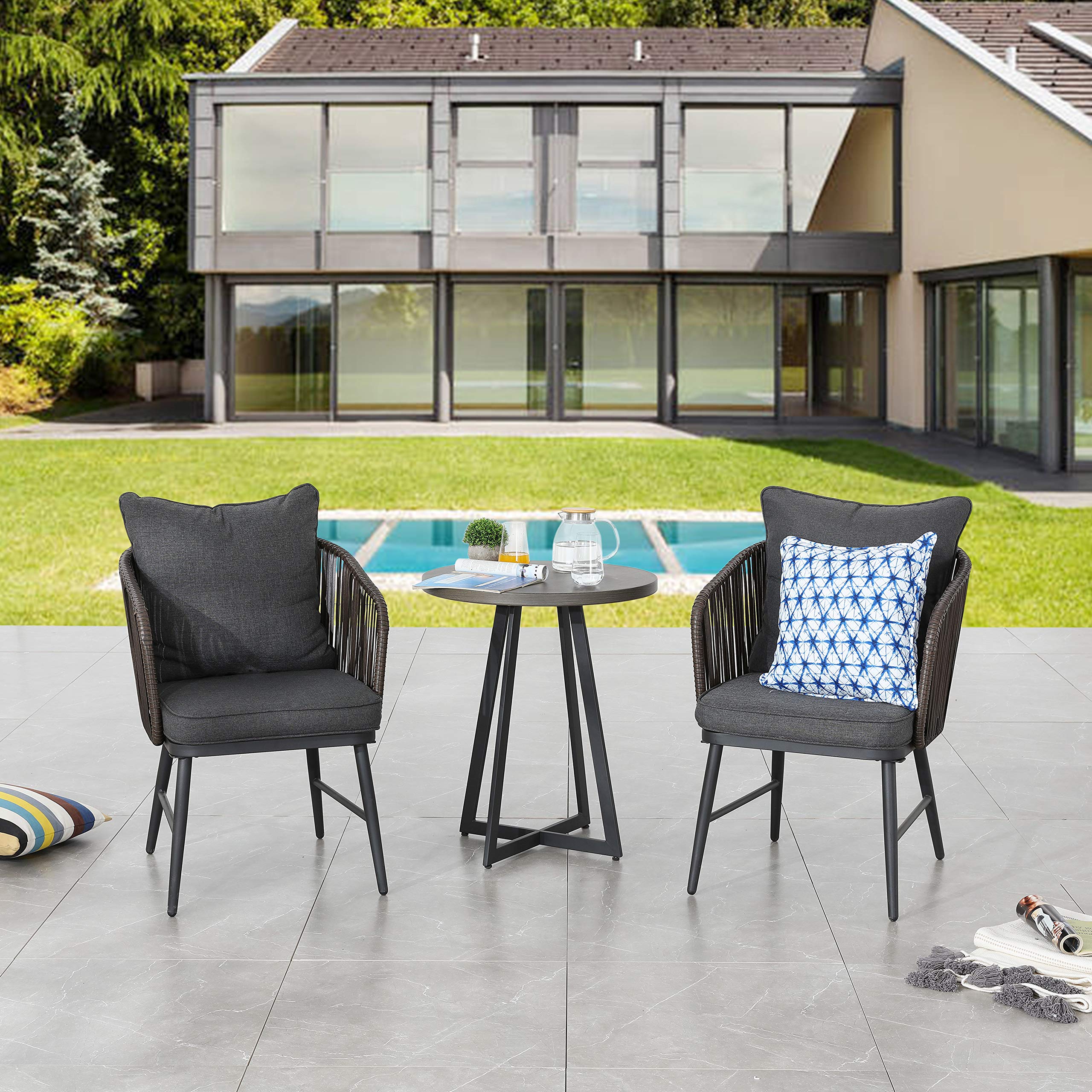 LOKATSE HOME 3-Piece Outdoor Bistro Set - Modern Wicker Patio Furniture with 2 Chairs (Includes Seat & Back Cushions) & 1 Black Coffee Table - Perfect for Balcony, Garden, Deck or Poolside Relaxation