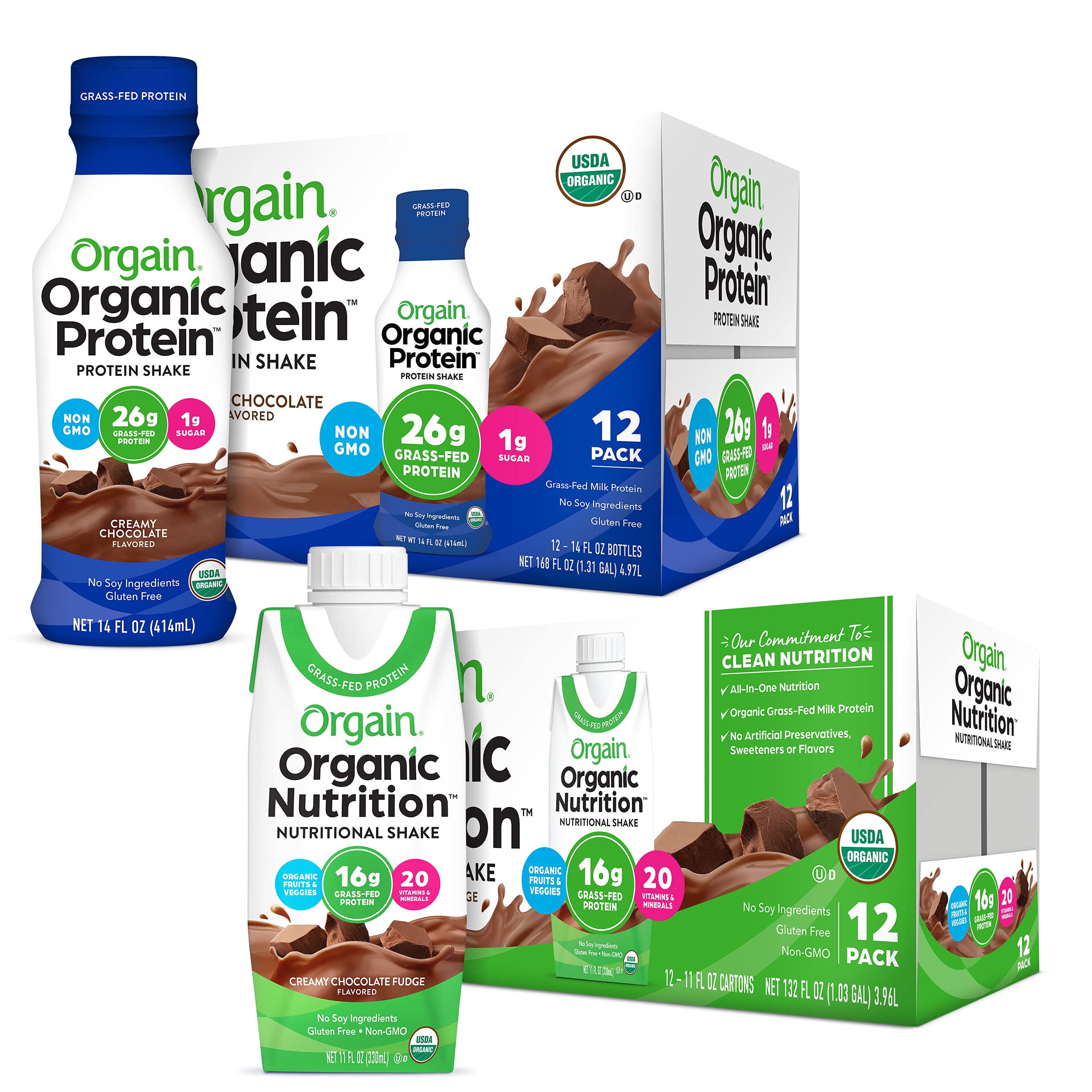 Orgain Organic Protein Shakes Bundle - Whey & Milk Protein Meal Replacement, Ready-to-Drink (12 Pack) + Vitamin Nutrition Shakes (12 Pack) | Post-Workout Recovery & Healthy Breakfast On-The-Go