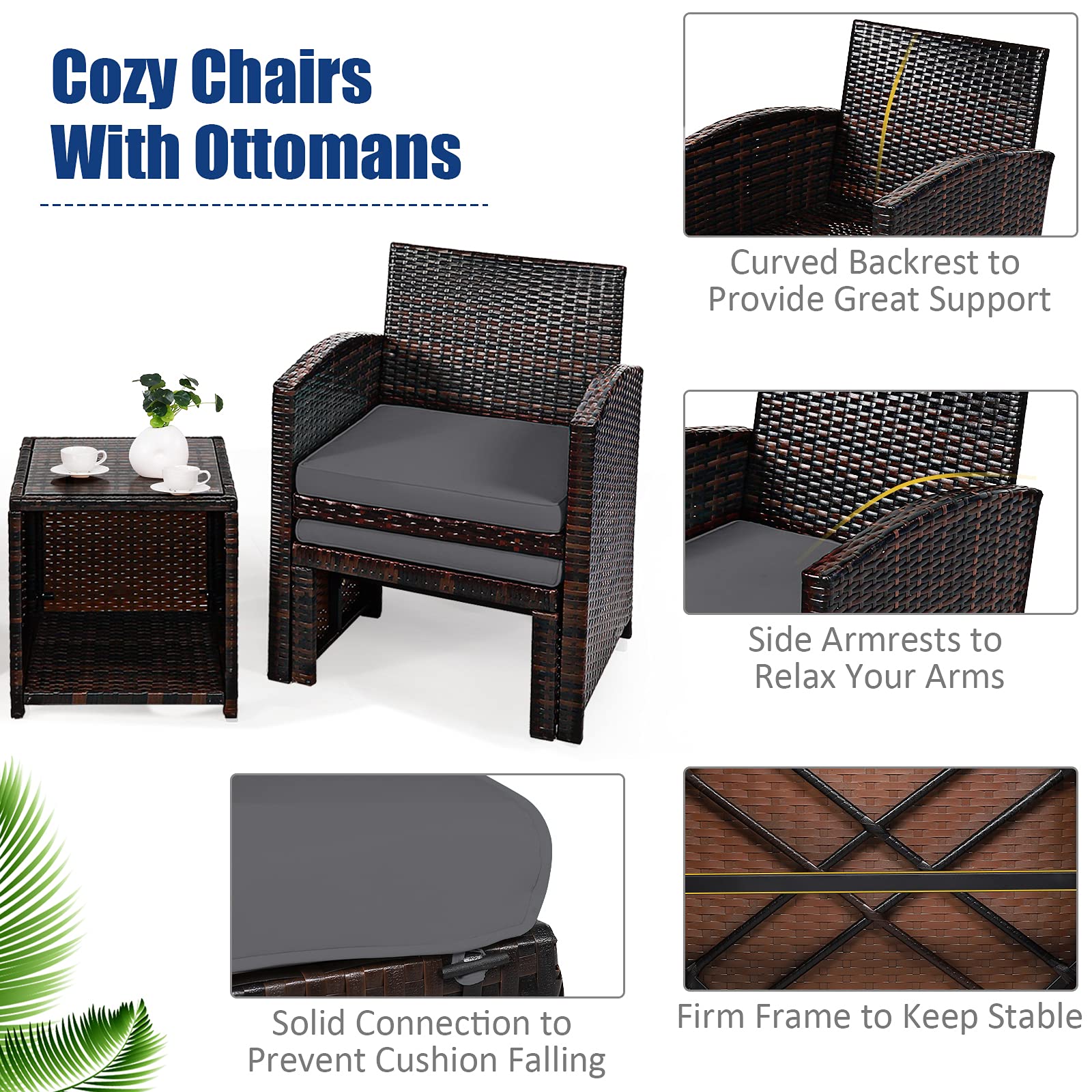 COSTWAY 5-Piece Patio Rattan Wicker Furniture Set with Cushioned Chairs, Ottoman & Side Table - Grey Outdoor Conversation Set for Backyard, Deck, Garden or Poolside Relaxation