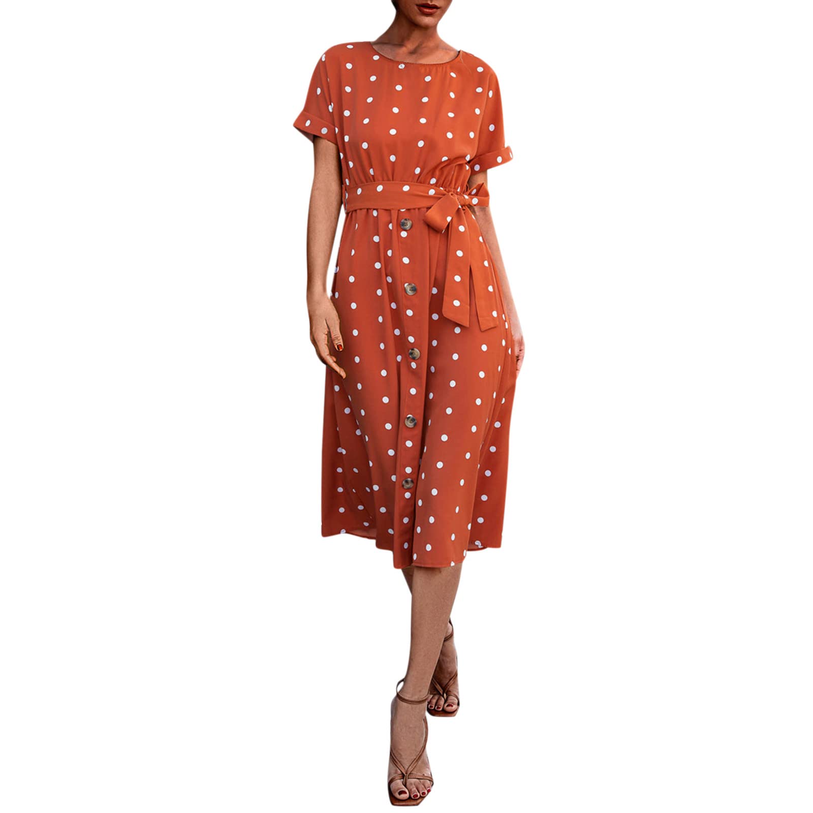 Women's Summer Beach Dress - Polka Dot Print Short Sleeve Midi Dress with Belt | Casual Flowy Dress for Vacation, Poolside, and Outdoor Activities