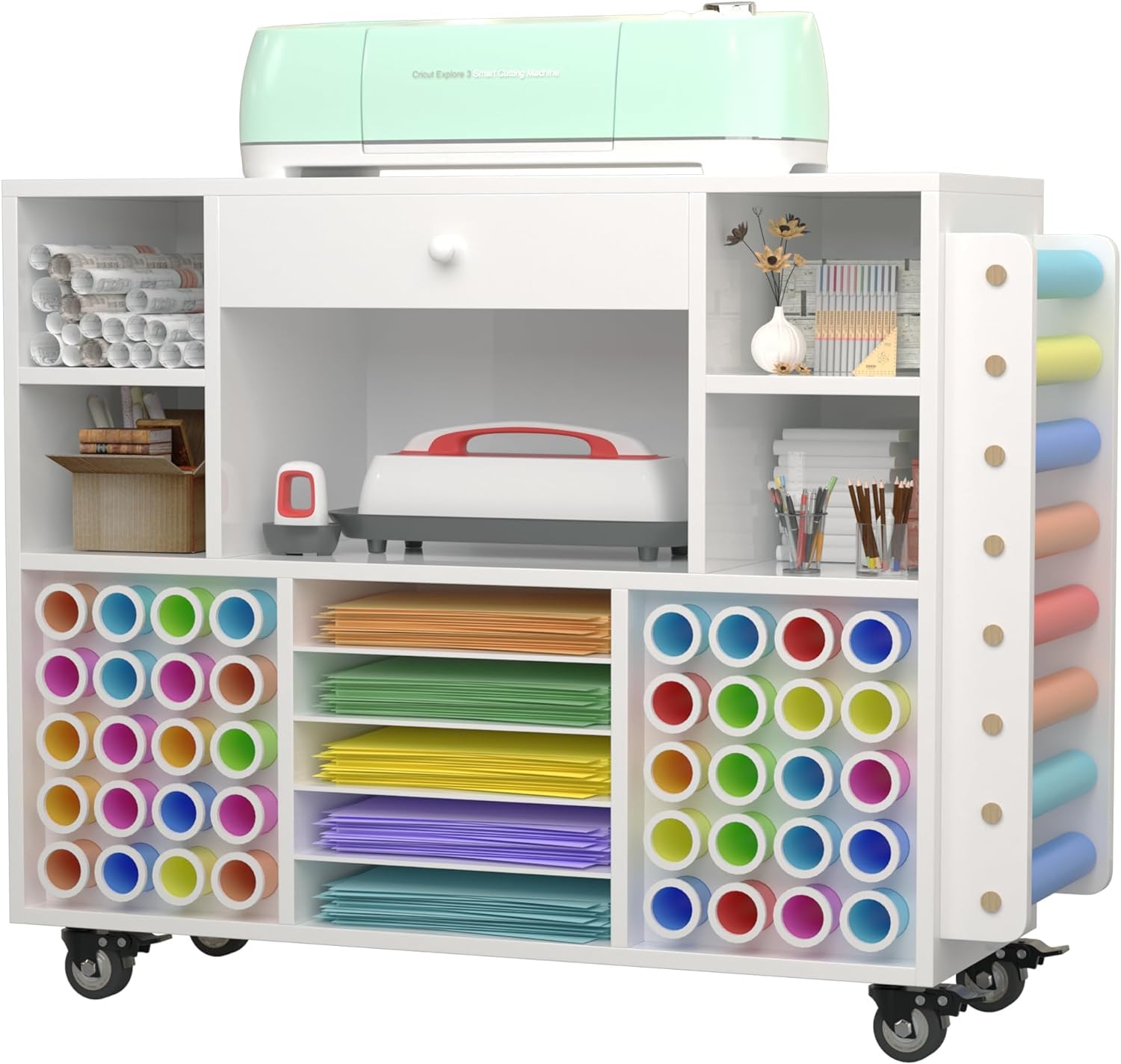 Cricut Compatible Rolling Craft Organizer Cart with Large Drawer & 48 Vinyl Roll Holder - Craft Storage Cabinet, Craft Room Workstation for Scrapbooking, DIY Projects, Home Office Organization