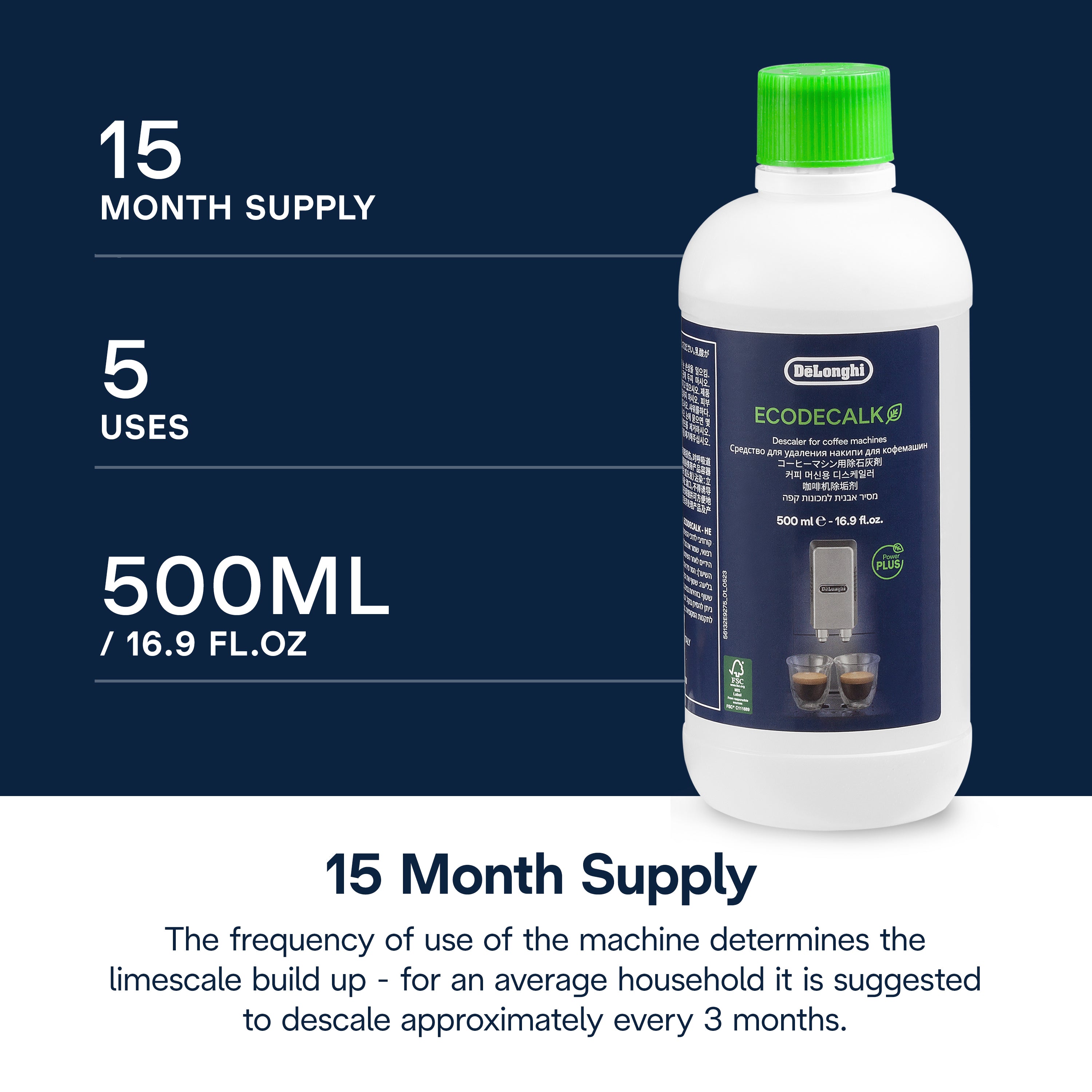 DeLonghi EcoDecalk Descaler Liquid - Coffee Machine Descaling Solution for Espresso & Drip Coffee Makers - Removes Limescale & Mineral Buildup - Safe for All DeLonghi Coffee Appliances - Perfect for Home & Office Use