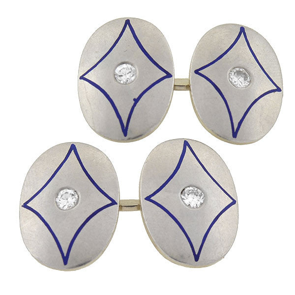 Art Deco 14kt Gold & Platinum Enamel Diamond Cufflinks for Men - Vintage Luxury Dress Accessories for Weddings, Business & Formal Events
