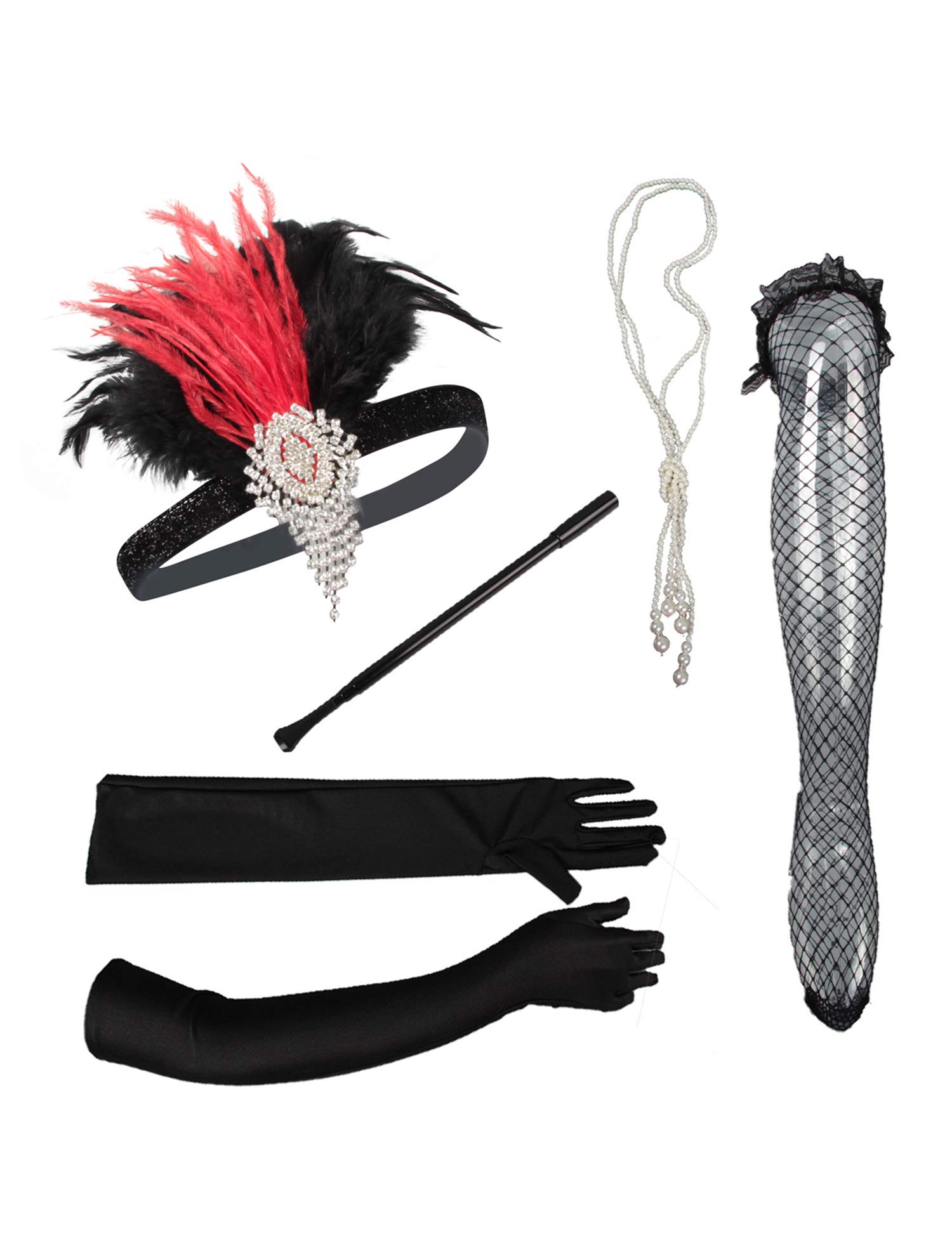 1920s Flapper Costume Accessories Set for Women - Vintage Gatsby Headband, Pearl Necklace, Gloves & Cigarette Holder - Perfect for Roaring 20s Themed Parties, Halloween Costumes & Jazz Age Events