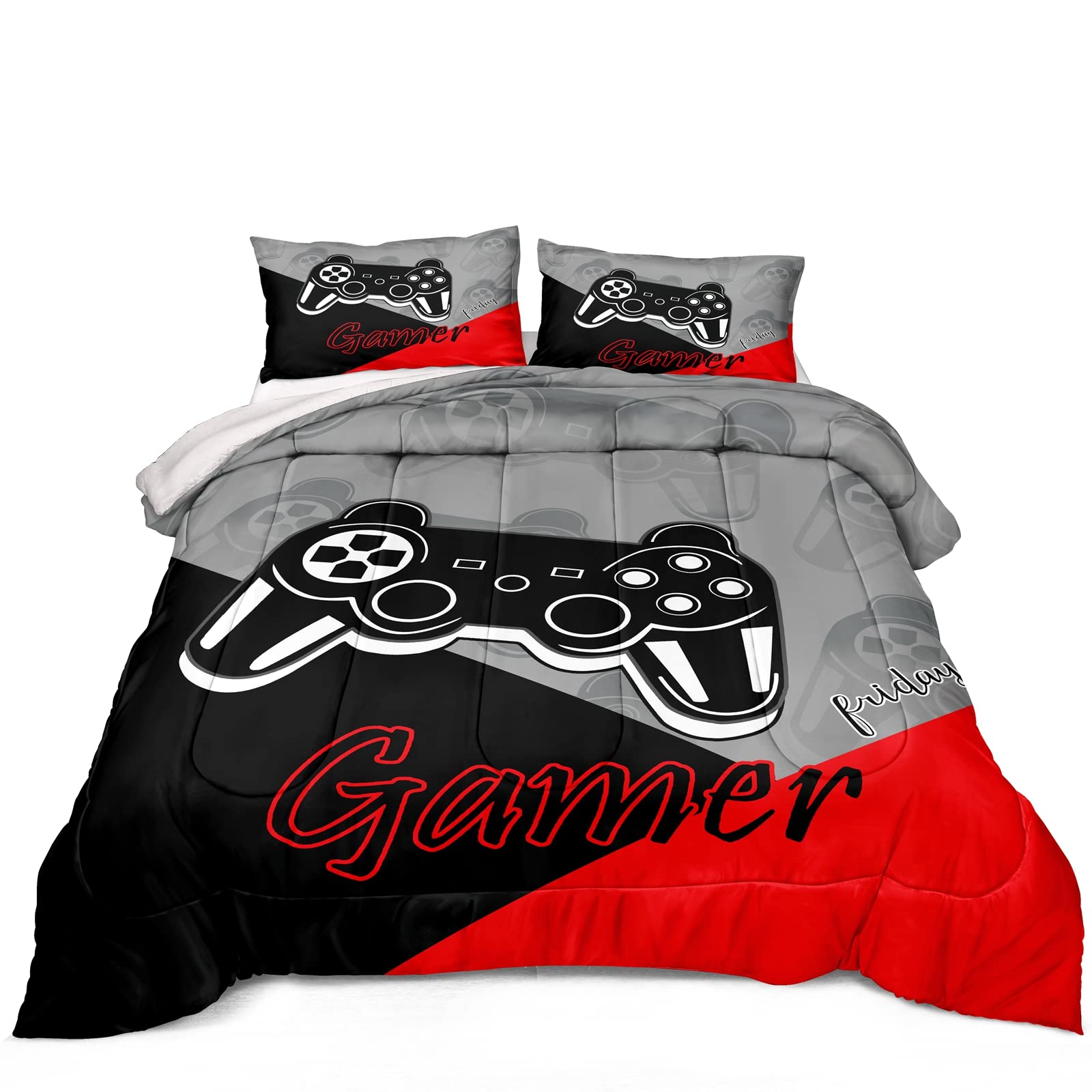 Gaming Bedding Set for Boys - Game Controller Comforter & Pillowcases - Queen Size for Teen Gamers
