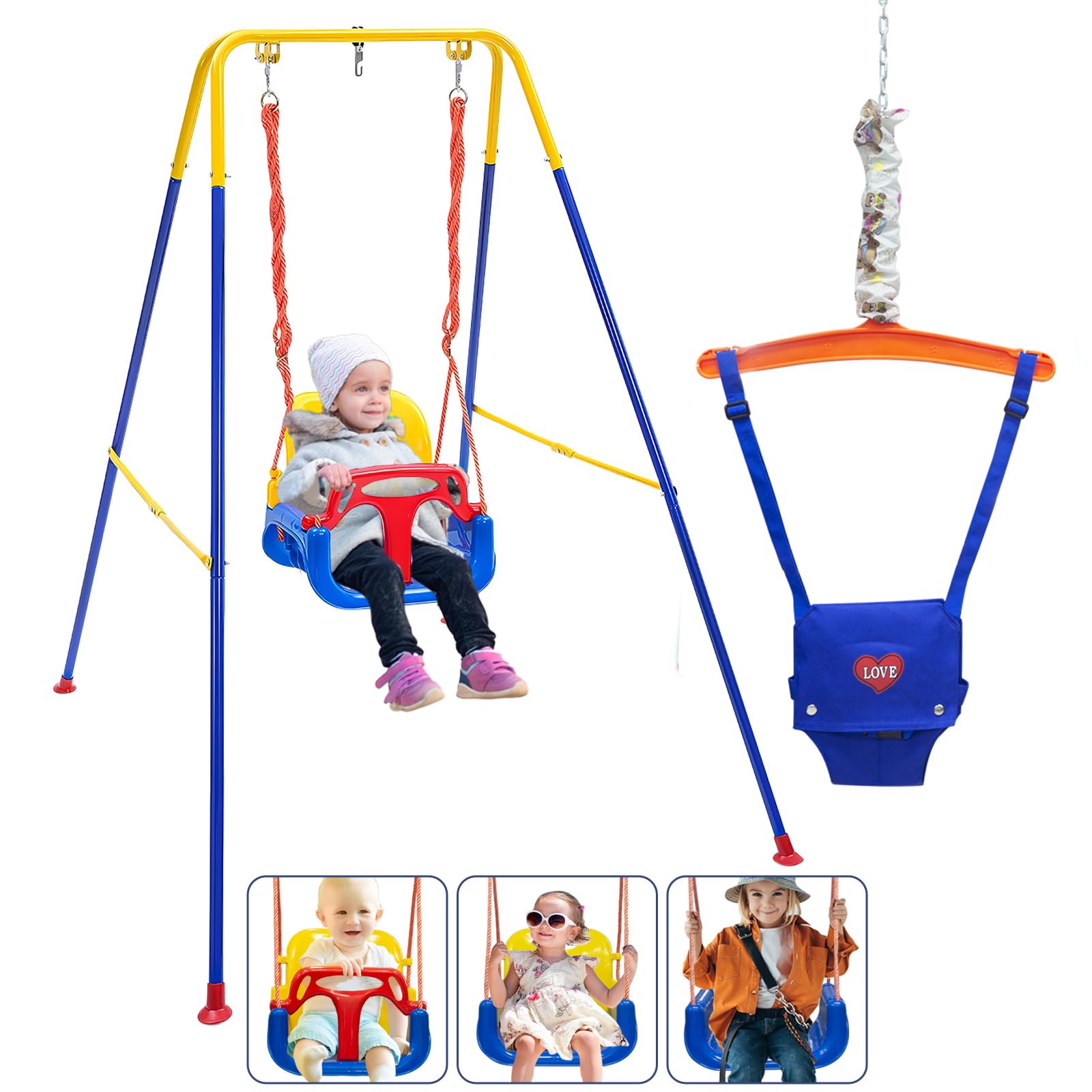 3-in-1 Foldable Baby Swing Set with Metal Stand - Indoor/Outdoor Toddler Swing & Jumper for Kids 6 Months to 10 Years | Perfect for Backyard, Playroom & Park Adventures
