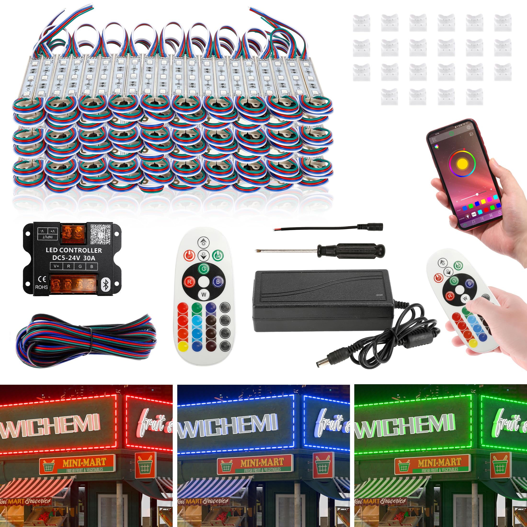 WICHEMI 100ft 200PCS RGB LED Strip Lights - Bluetooth APP Control, Super Bright 5050 SMD LEDs, Waterproof for Storefront Signs & Window Advertising Décor | Perfect for Retail Displays, Business Lighting, and Commercial Decorations