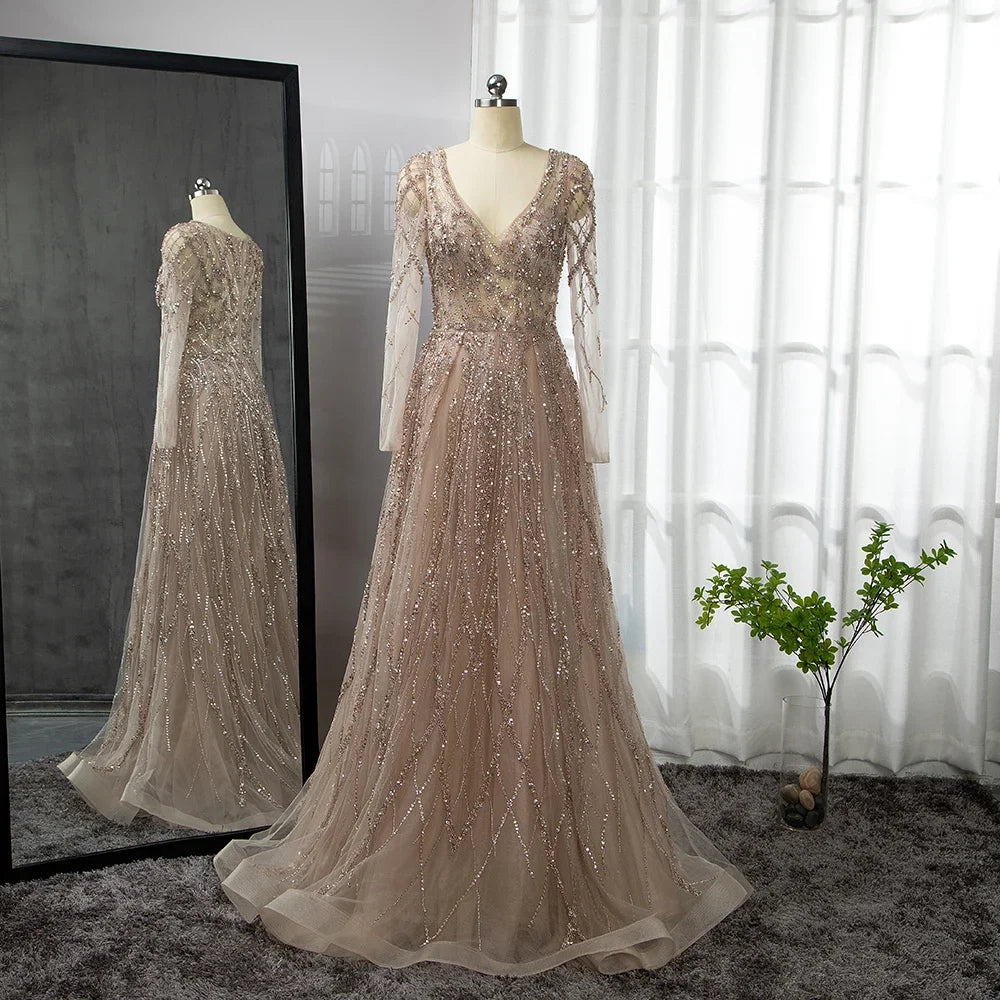 Serene Hill Arabic Turquoise A-Line Sweetheart Long Sleeves Beaded Evening Gown for Women - Formal Party, Prom, Wedding Guest Dress 2025 LA71793