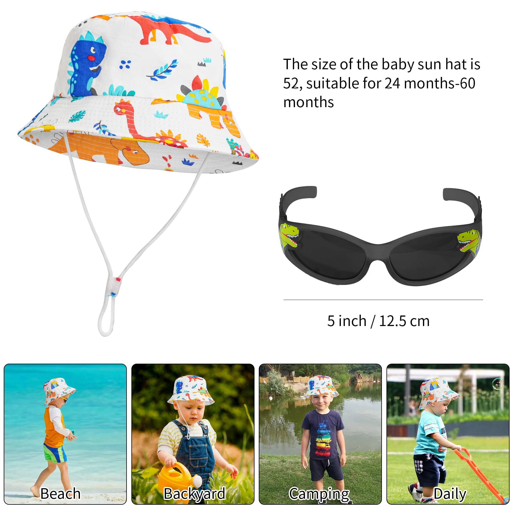 UPF 50+ Baby Sun Hat with Dinosaur Sunglasses - UV Protective Toddler Bucket Hat for Beach, Outdoor Play & Summer Activities