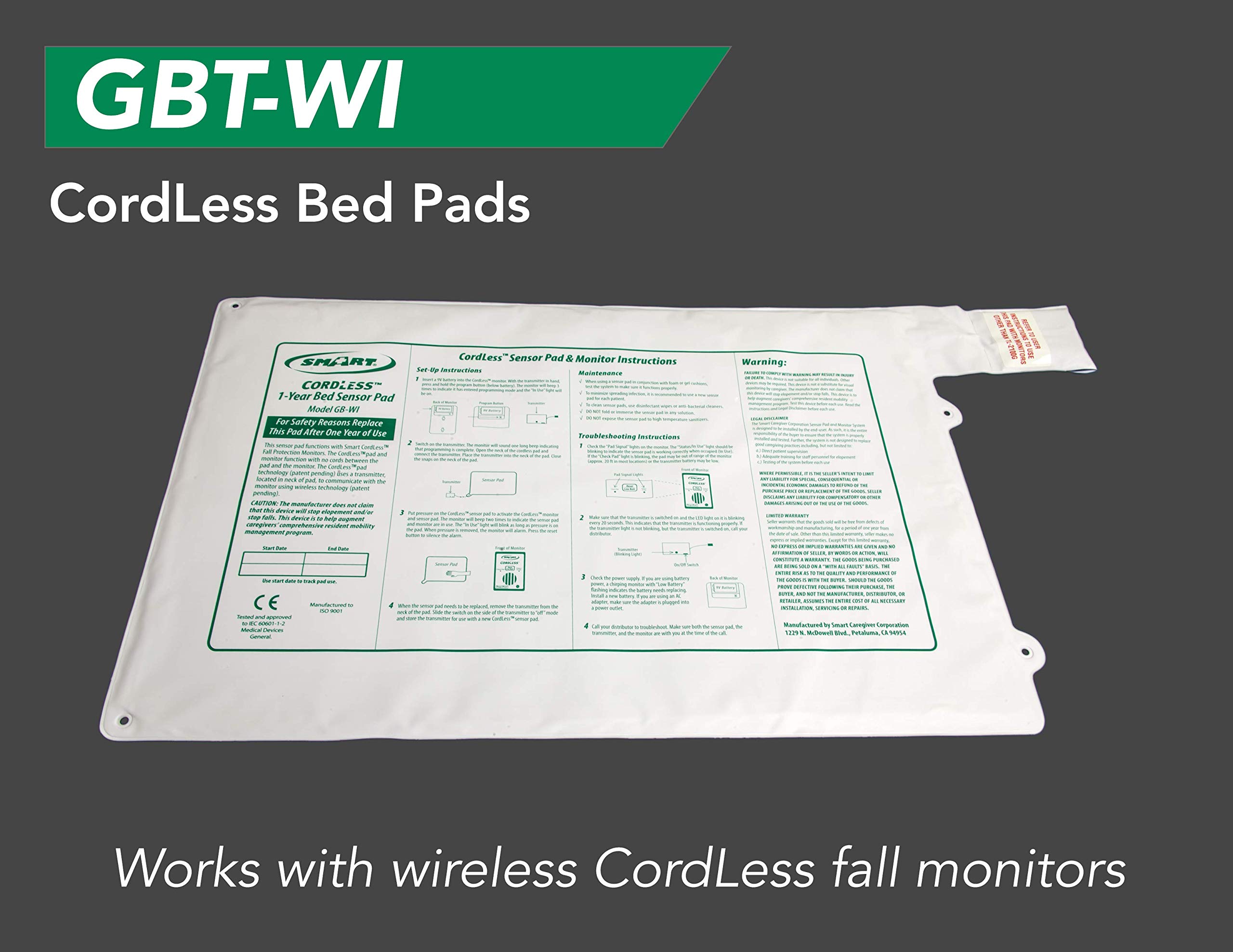 Smart Caregiver Wireless Bed Alarm System - 20”x30” Cordless Weight Sensing Pad with Remote Alert Monitor, Free Cleaning Wipes & 7-Day Pill Box - Elderly Fall Prevention for Home & Healthcare Facilities