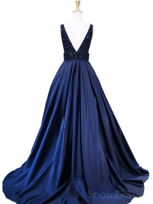 Elegant Navy Blue V-Neck Backless Beaded A-Line Long Evening Prom Dress - Custom Tailored for Special Occasions, Perfect for Homecoming, Formal Events & Weddings