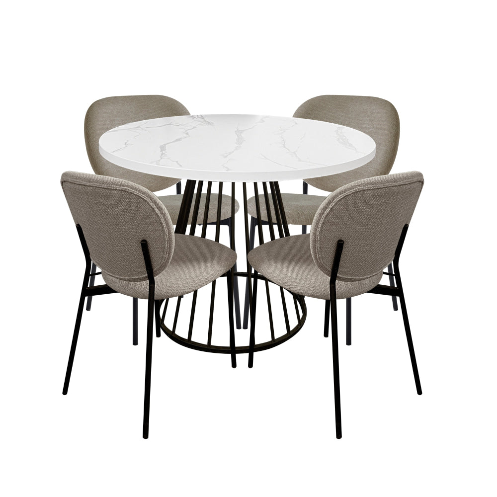 Matilda 5-Piece Round Dining Set - 110cm Faux Marble Table with 4 Archie Fabric Chairs in Latte | Modern Kitchen & Dining Room Furniture for Small Spaces