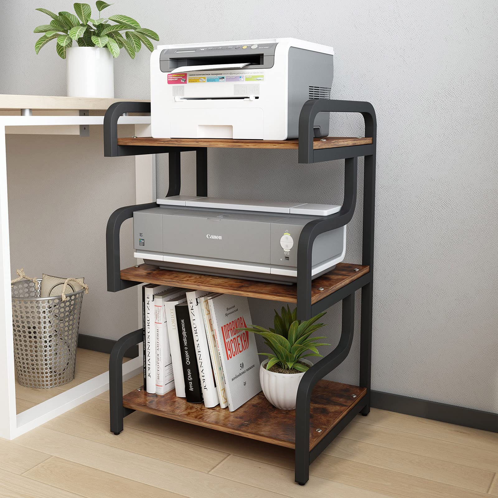 Natwind 3-Tier Rolling Printer Stand - Mobile Storage Cart with Wheels, Adjustable Shelf Organizer for Office, Living Room & Kitchen - Holds Scanner, Books, Microwave, Media Player - Retro Style Home & Office Organization Solution