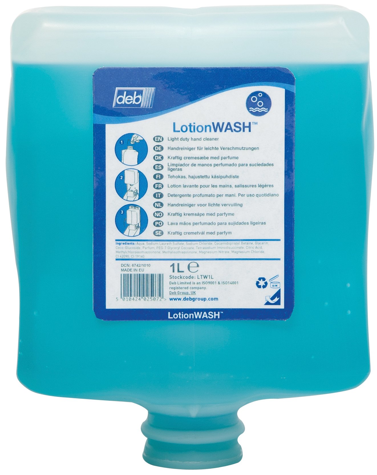 Deb LTW1L Hand Wash Lotion, 1 Liter - Gentle Moisturizing Liquid Soap for Kitchen, Bathroom & Office Use