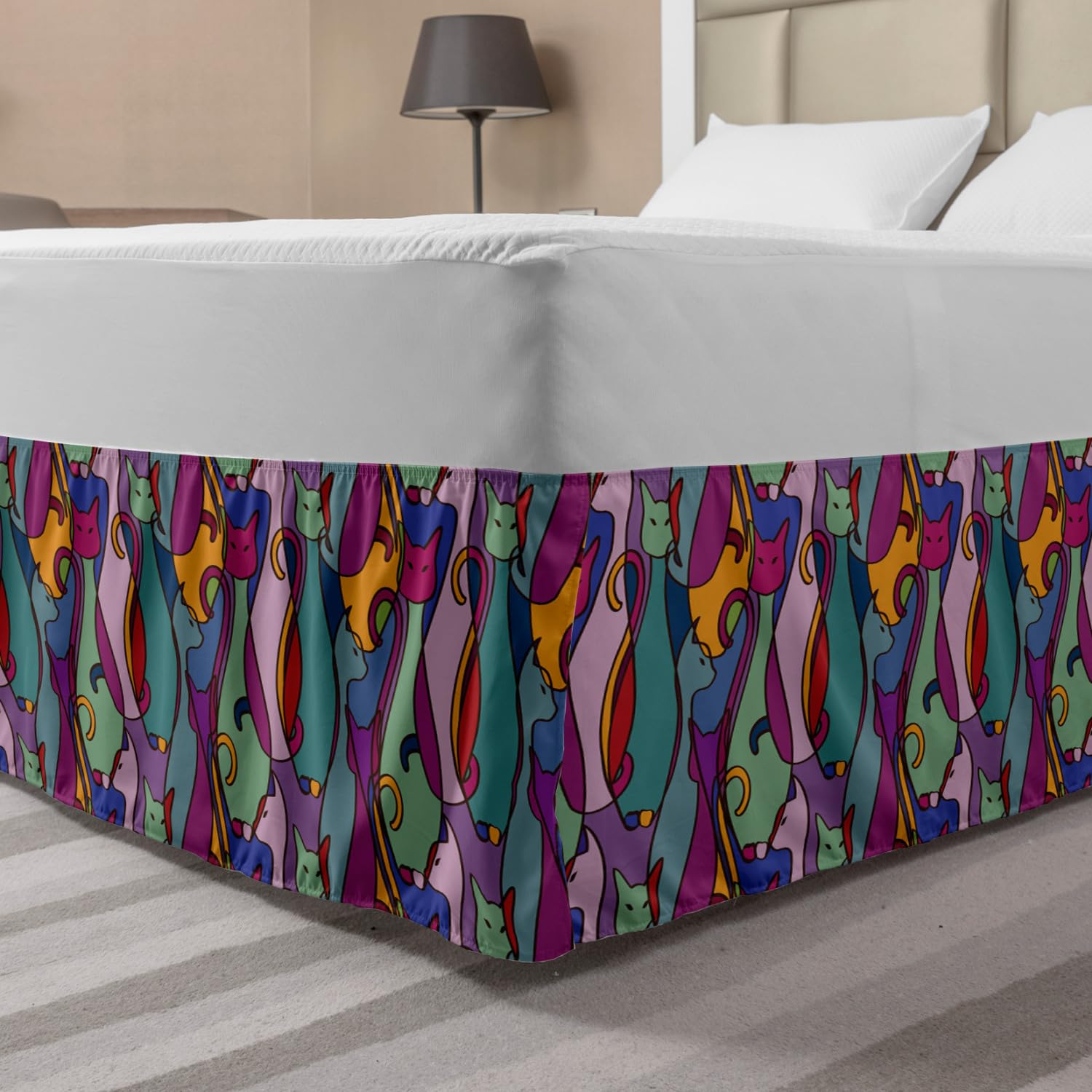 Ambesonne Cat Elastic Bed Skirt - Colorful Geometric Cat Print Wrap Around Dust Ruffle for King Size Beds | Modern Abstract Design Bedroom Decor for Cat Lovers
