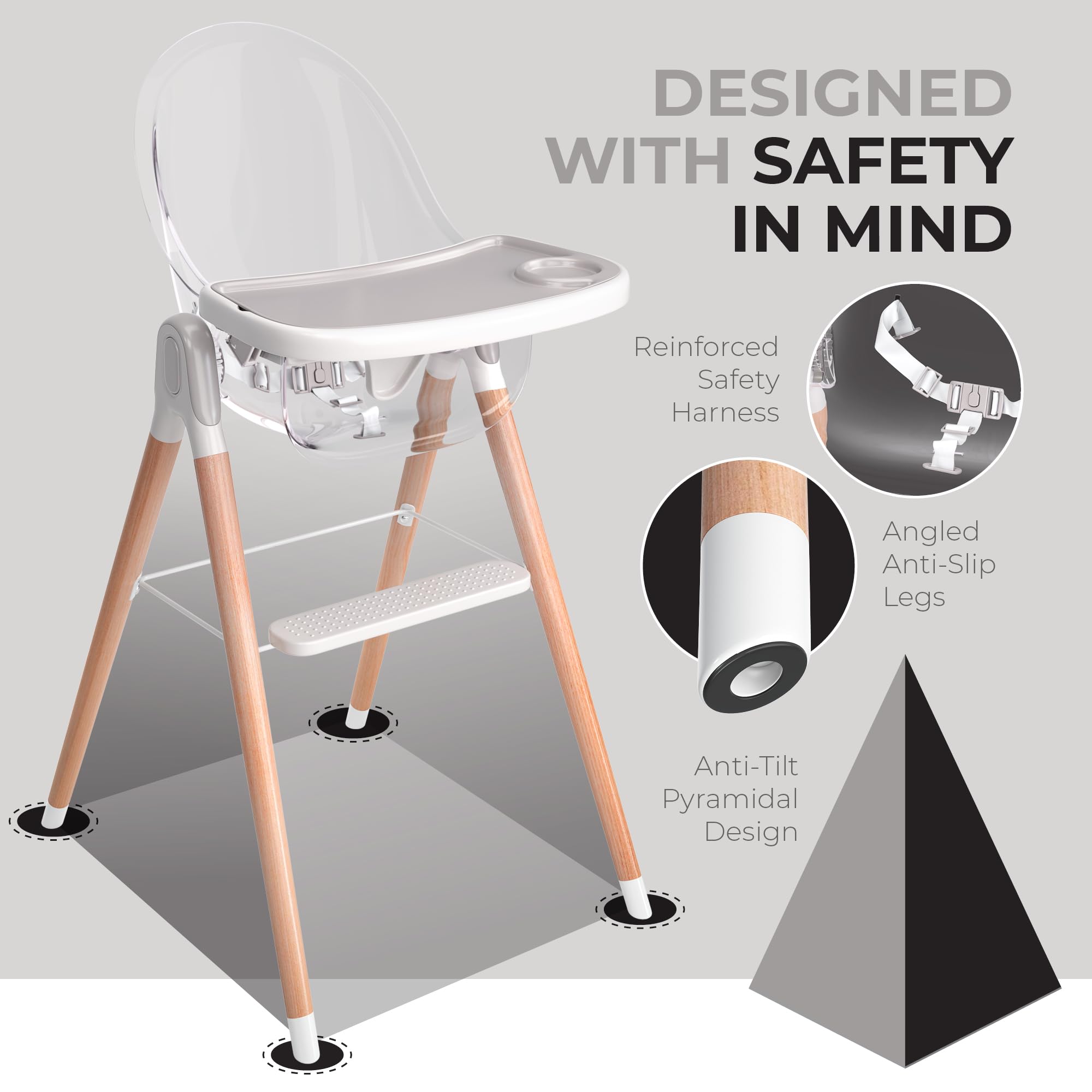 6-in-1 Deluxe Wooden High Chair for Babies & Toddlers - Modern Safe & Compact Baby Highchair with Removable Tray | 3 Adjustable Seat Positions & 2 Height Options | Easy to Clean & Assemble | Perfect for Dining, Feeding & Playtime (Clear)