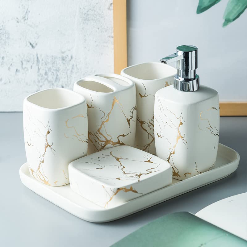 Premium Marbled Ceramic Bathroom Accessories Set - Soap Dish, Toothbrush Holder, Lotion Dispenser & Mug Cup | Modern Luxury Bathroom Decor for Home, Hotel & Spa Use