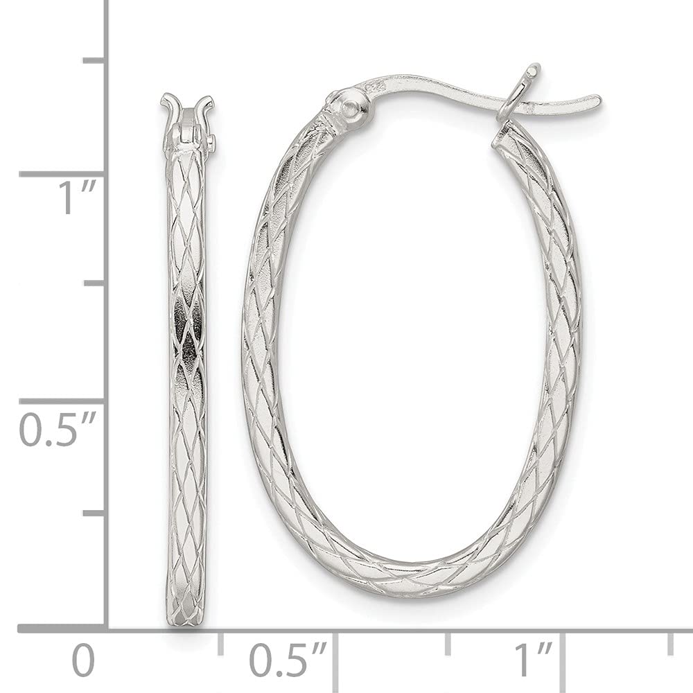 Sterling Silver Diamond Pattern Oval Hoop Earrings for Women - 1.12 Inch Length, 0.74 Inch Width - Elegant Dangle Earrings for Party, Wedding & Everyday Wear