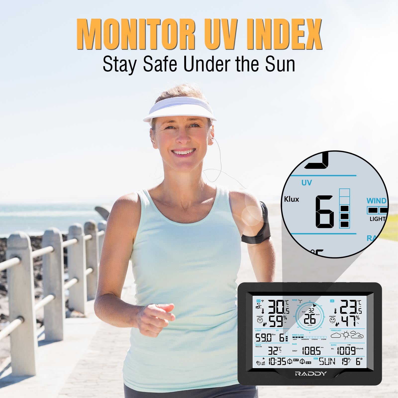 Raddy MN6 Wi-Fi Weather Station - 15-in-1 Wireless Indoor Outdoor Weather Monitor with Forecast, Adjustable Backlight & Real-Time Data for Home, Office, Garden, and Outdoor Activities
