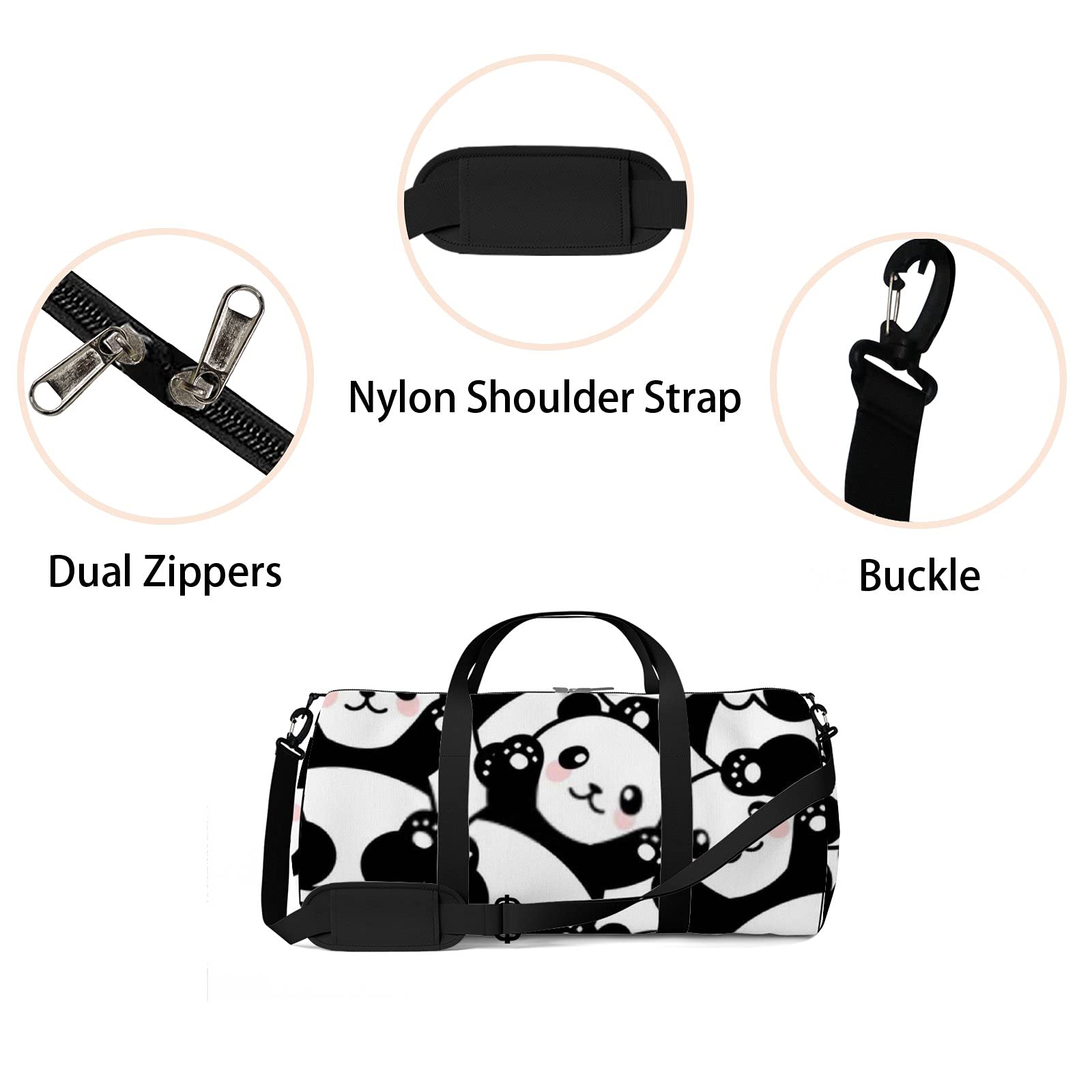 Black and White Cute Kawaii Panda Sports Tote Bag - Waterproof Gym Bag with Shoulder Strap & Zipper Pockets for Men Women - Perfect for Travel, Workout, School & Daily Use
