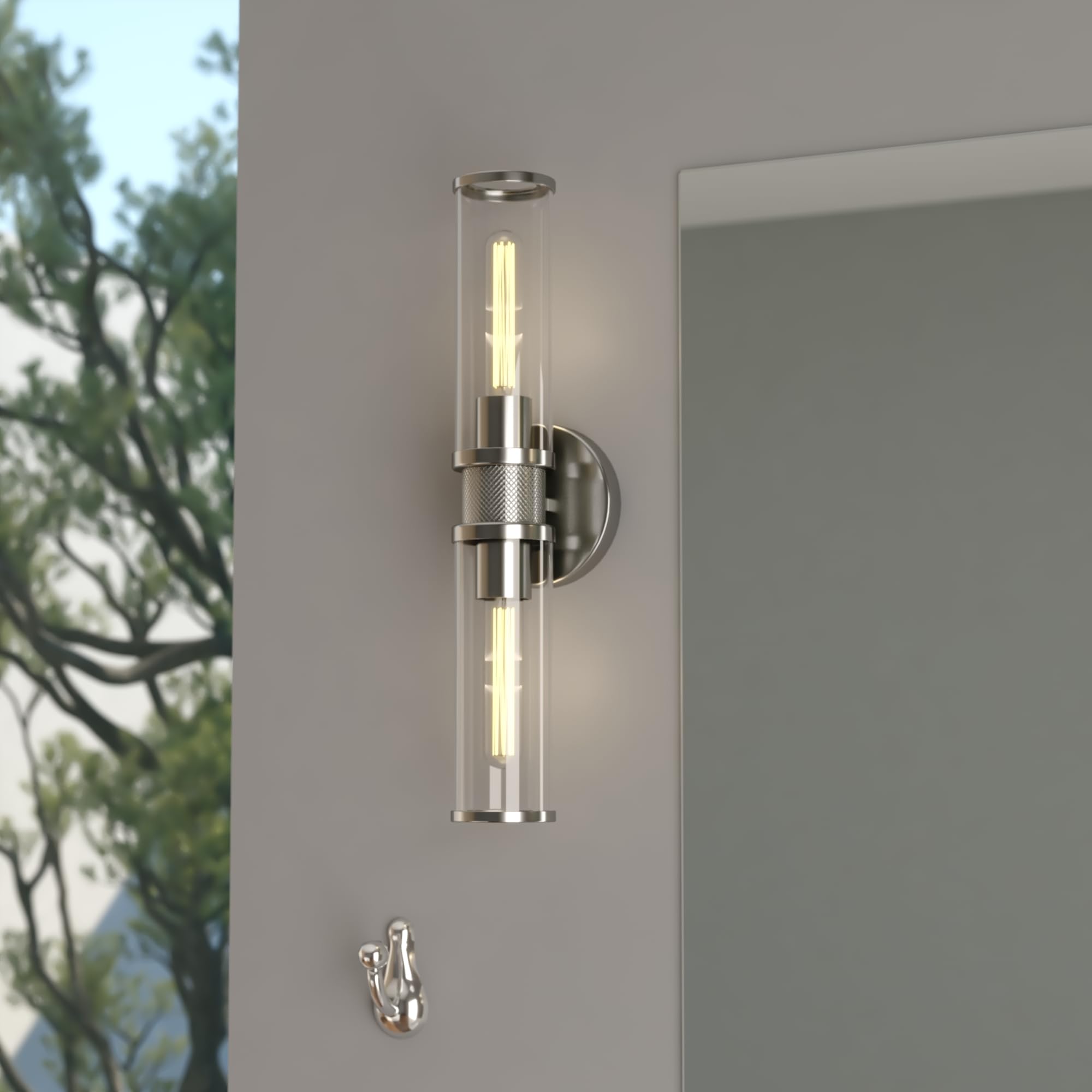VAXCEL Levitt 2-Light Bathroom Vanity Light Fixture - Mid Century Modern Industrial Style with Polished Nickel Finish & Clear Glass Shades - Perfect for Bathroom, Powder Room, and Dressing Area Lighting