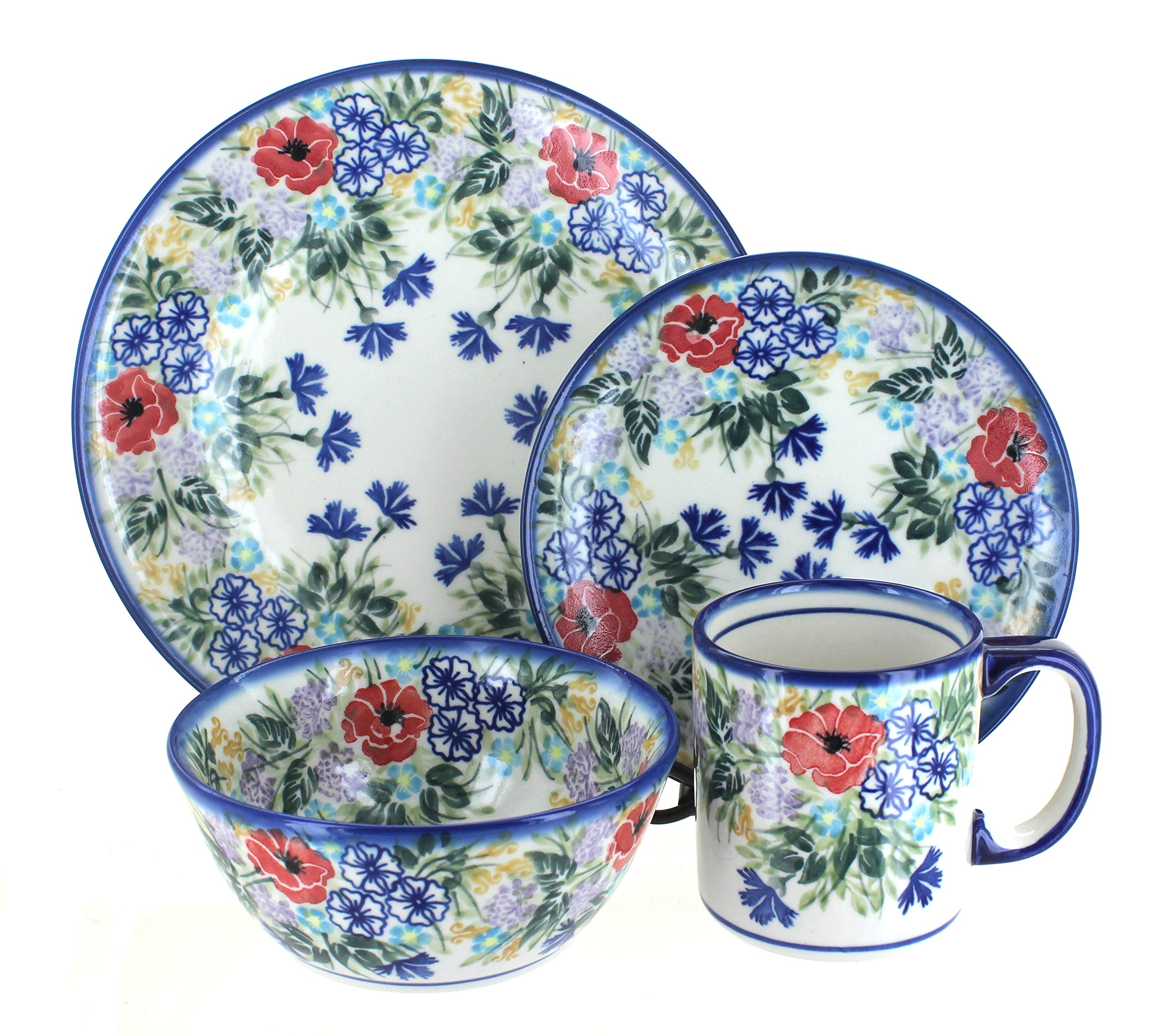 Blue Rose Polish Pottery 4-Piece Place Setting - Handcrafted Summer Garden Dinnerware Set for 1 | Perfect for Outdoor Dining, Tea Parties & Special Occasions