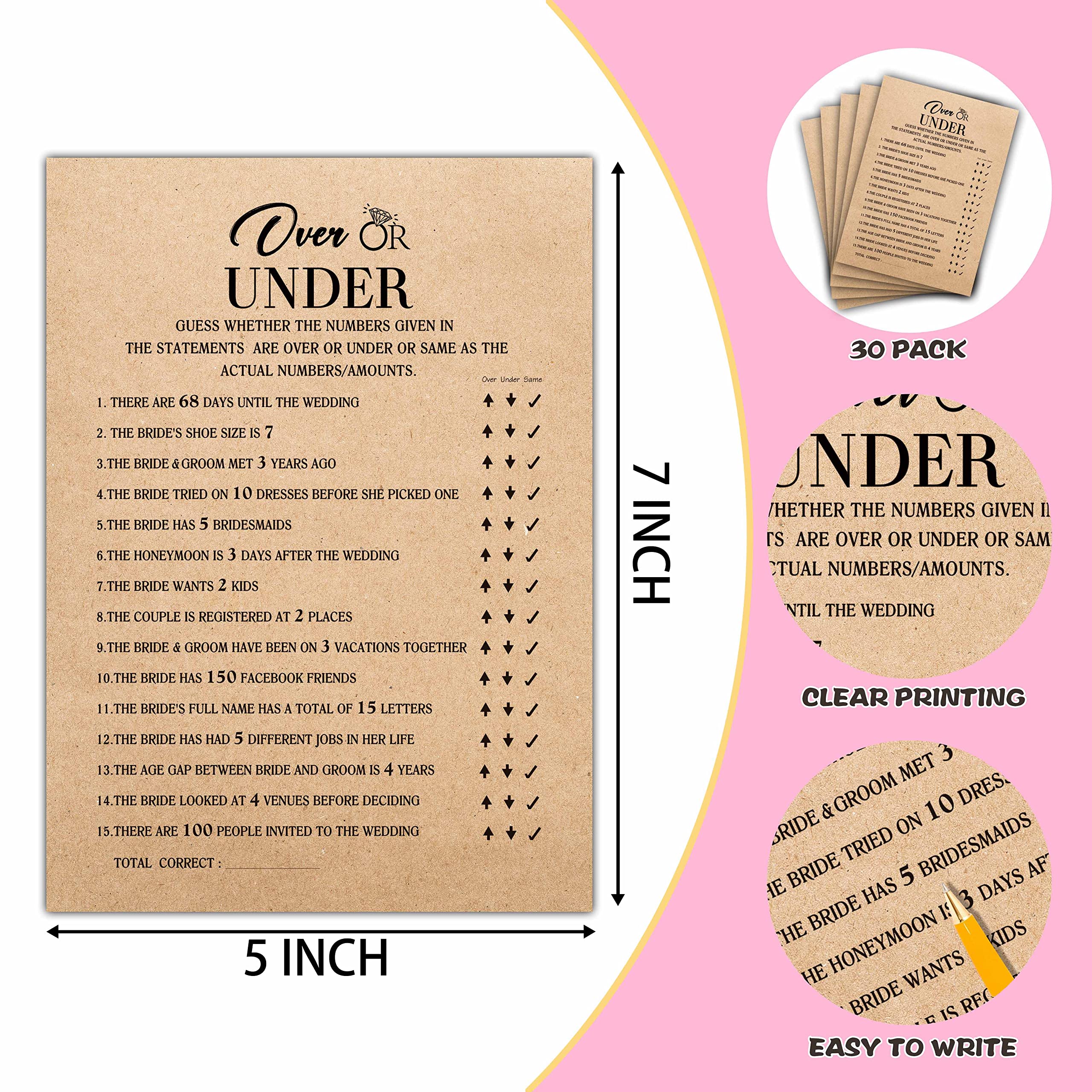 Bridal Shower Game Set - Over or Under Wedding Party Game Cards with 30 Kraft Rustic Cards - Unique Engagement & Bachelorette Party Supplies - Perfect for Wedding Showers, Rehearsal Dinners & Girls' Night Activities