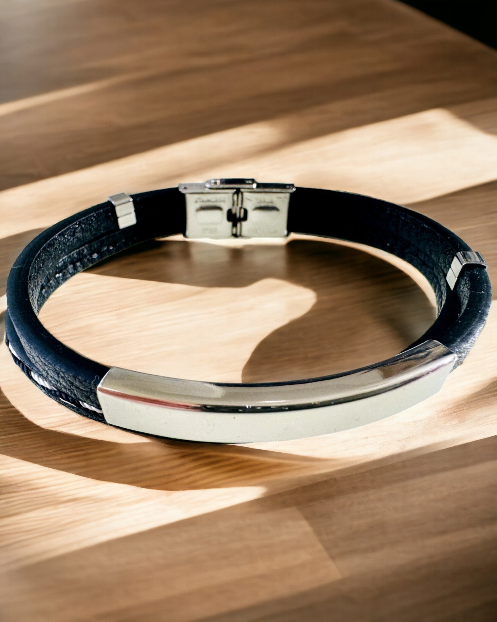 Custom Engraved PU Leather & Stainless Steel Sports Bracelet for Men - 3 Color Options | Gym, Running, Fitness & Everyday Wear