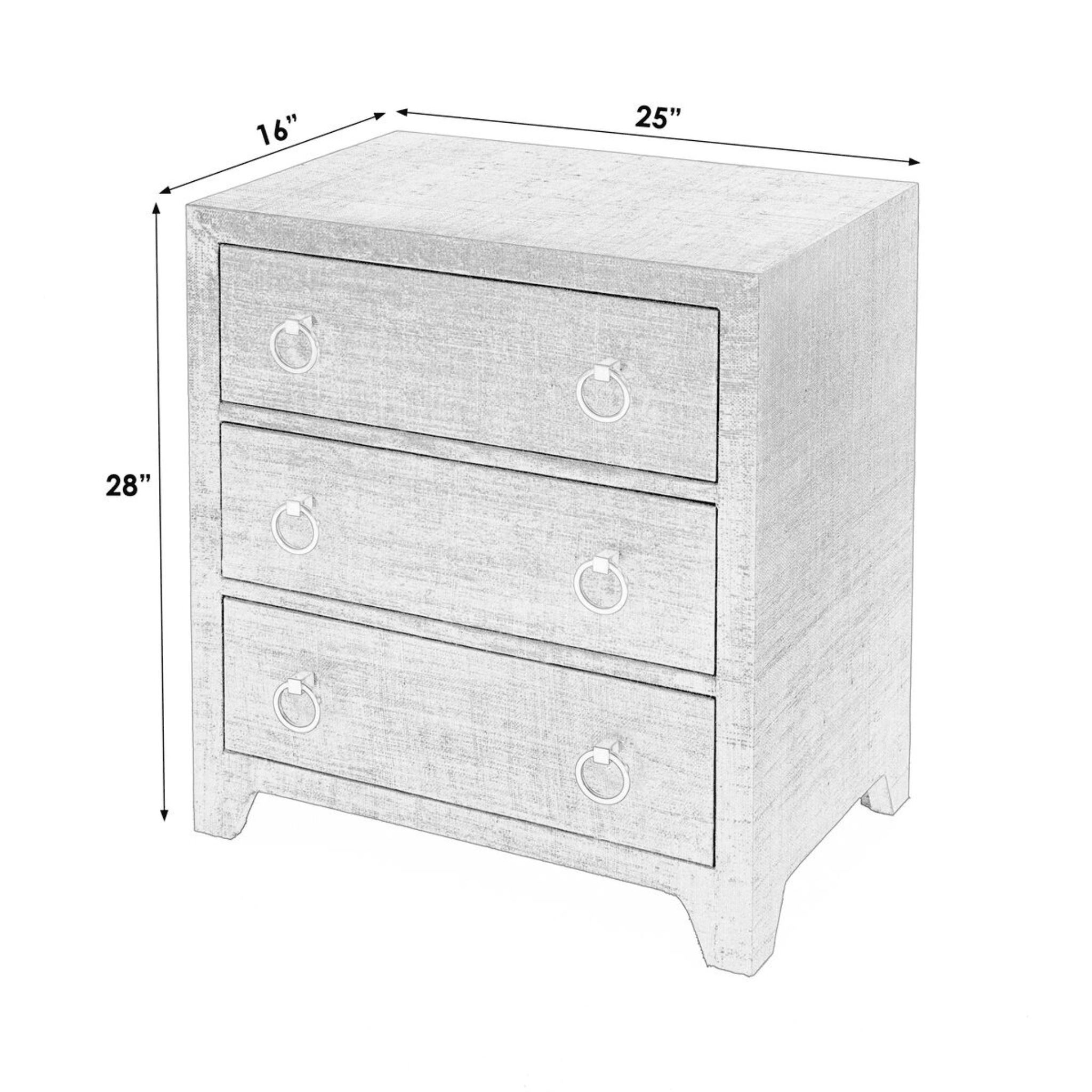 Coastal Navy Saguran Raffia Three Drawer Nightstand - Stylish Bedside Table for Bedroom, Living Room, or Guest Room Decor