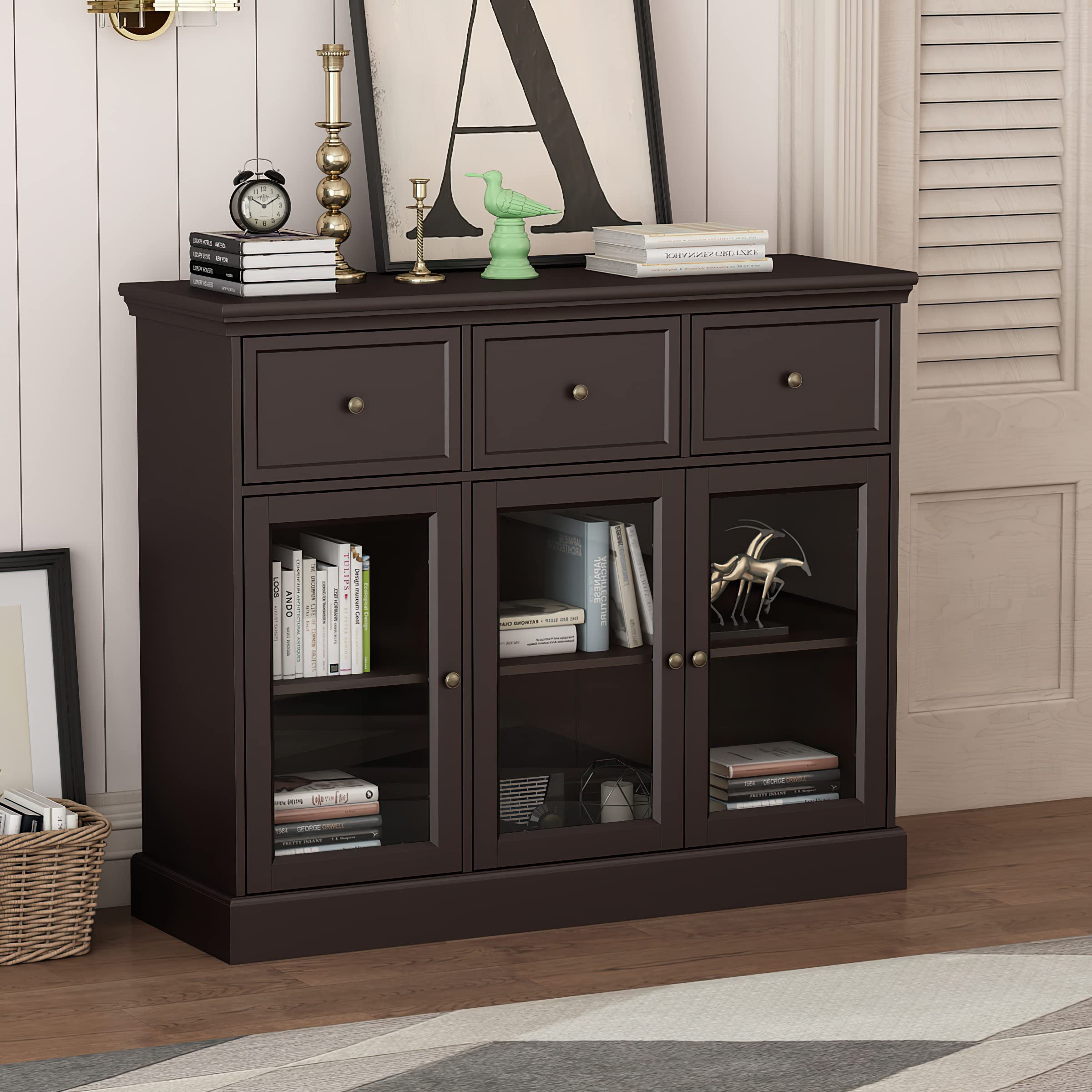 AIEGLE Modern Buffet Cabinet with 3 Drawers & Acrylic Glass Doors - Kitchen Storage Sideboard, Entryway Cupboard Console Table - Dark Walnut Finish (47.2