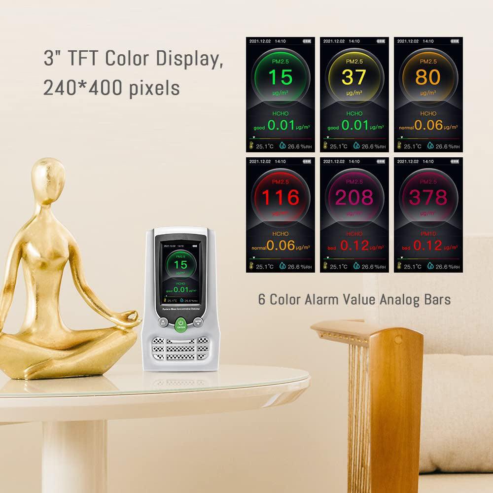 High Accuracy Air Quality Monitor - Formaldehyde, CO2, PM2.5, PM10, TVOC Detector with Temperature & Humidity Sensor | For Home, Office & Indoor Air Pollution Testing