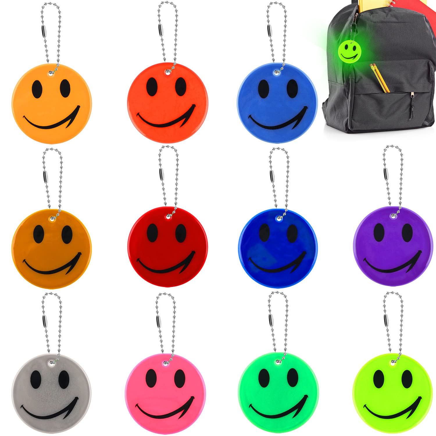 Prmape 11-Piece Reflective Safety Pendant Set - Smiley Reflector Charms for Kids Backpacks, School Bags & Night Cycling | High Visibility Accessories for Running, Walking & Outdoor Activities