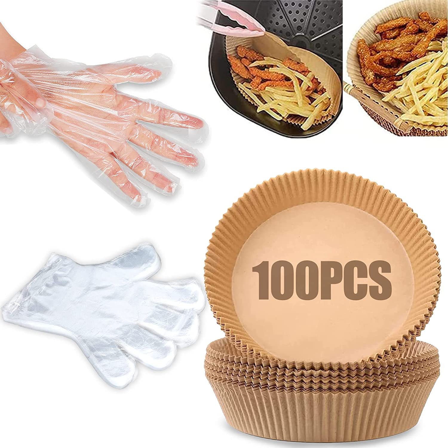 Non-Stick Air Fryer Liners 100Pcs (6.3 inch) with 100pc Disposable Gloves - Oil Proof, Waterproof, Food Grade Parchment Paper for Baking, Roasting, Microwave & Frying - Perfect for Healthy Cooking, Meal Prep & Party Snacks