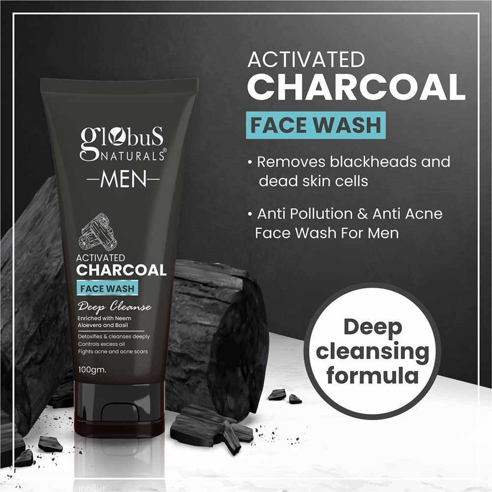 Globus Naturals Charcoal Anti-Pollution Face Care Combo for Men - 3-Piece Set with Face Wash, Scrub & Peel Off Mask | Deep Cleansing & Detoxifying Skincare Routine for Oily & Acne-Prone Skin