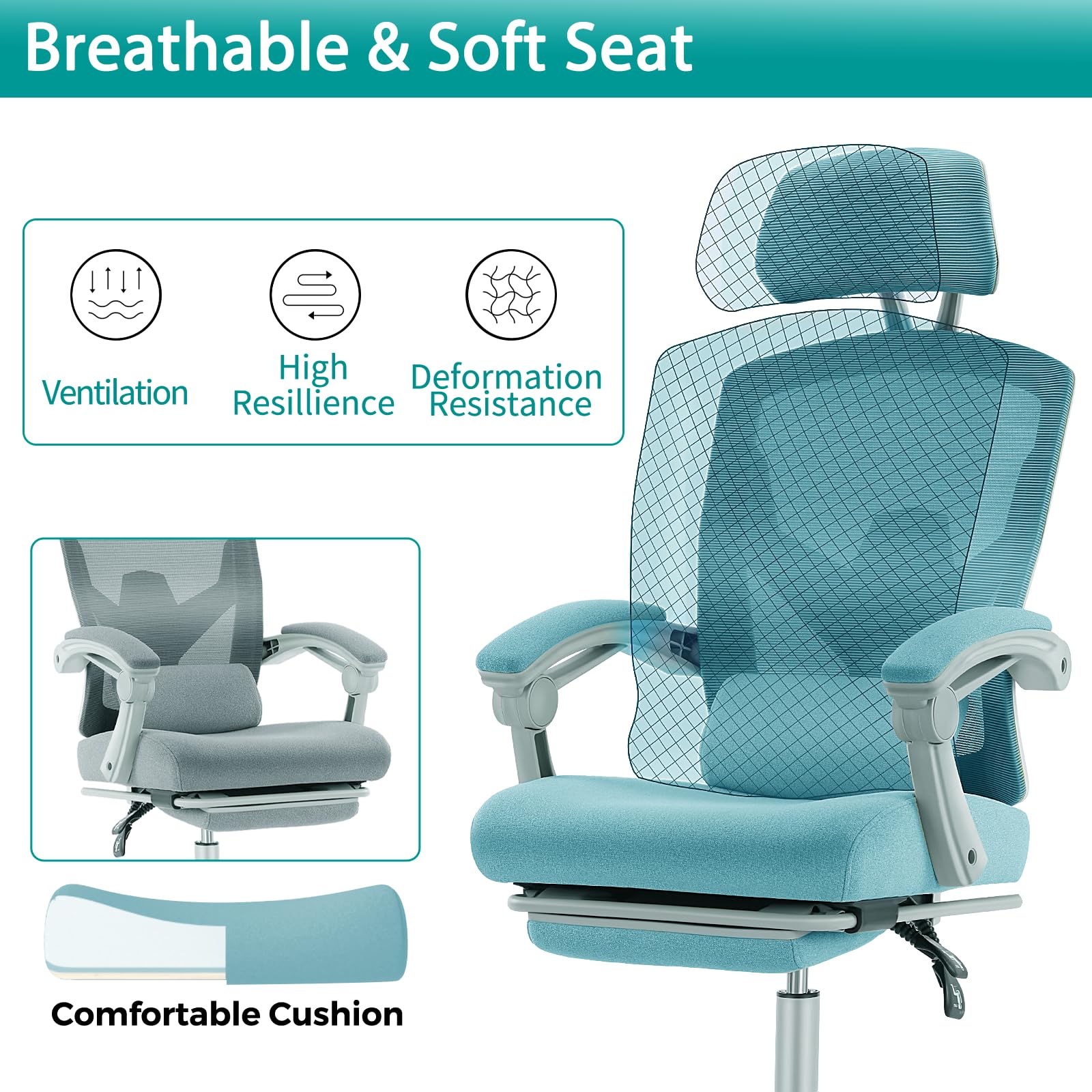 DUMOS Ergonomic Mesh Office Chair with Adjustable Footrest - High Back Swivel Rolling Recliner with Wheels, Headrest & Lumbar Support - Comfortable Armchair for Home Office, Gaming & Study (Blue) - Perfect for Long Work Sessions & Relaxation