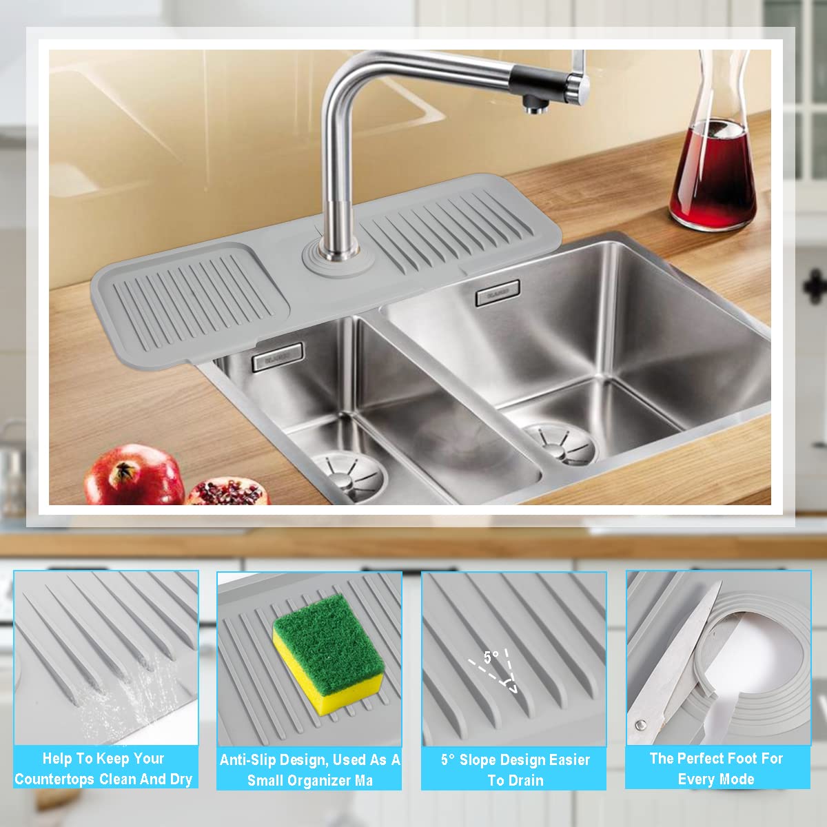Silicone Sink Splash Guard - Non-Slip Faucet Mat for Kitchen & Bathroom | Water Absorbent Sink Accessory with Sponge Holder (Grey) | Perfect for Preventing Water Splashes While Washing Dishes or Brushing Teeth